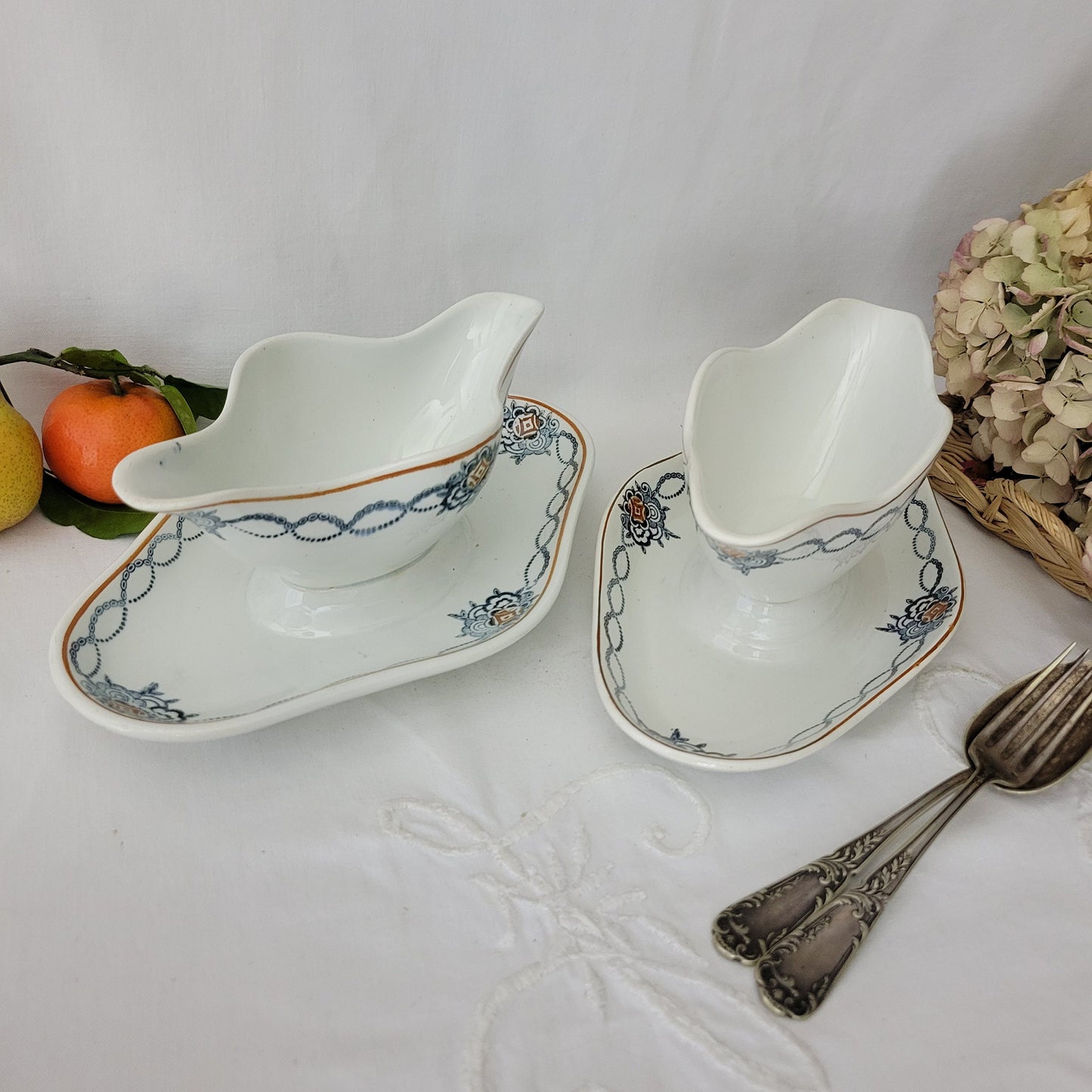 Pair of French antique ironstone double ended sauce boats / sauciere w footplate, blue transferware, St Amand earthenware France c1900-1920