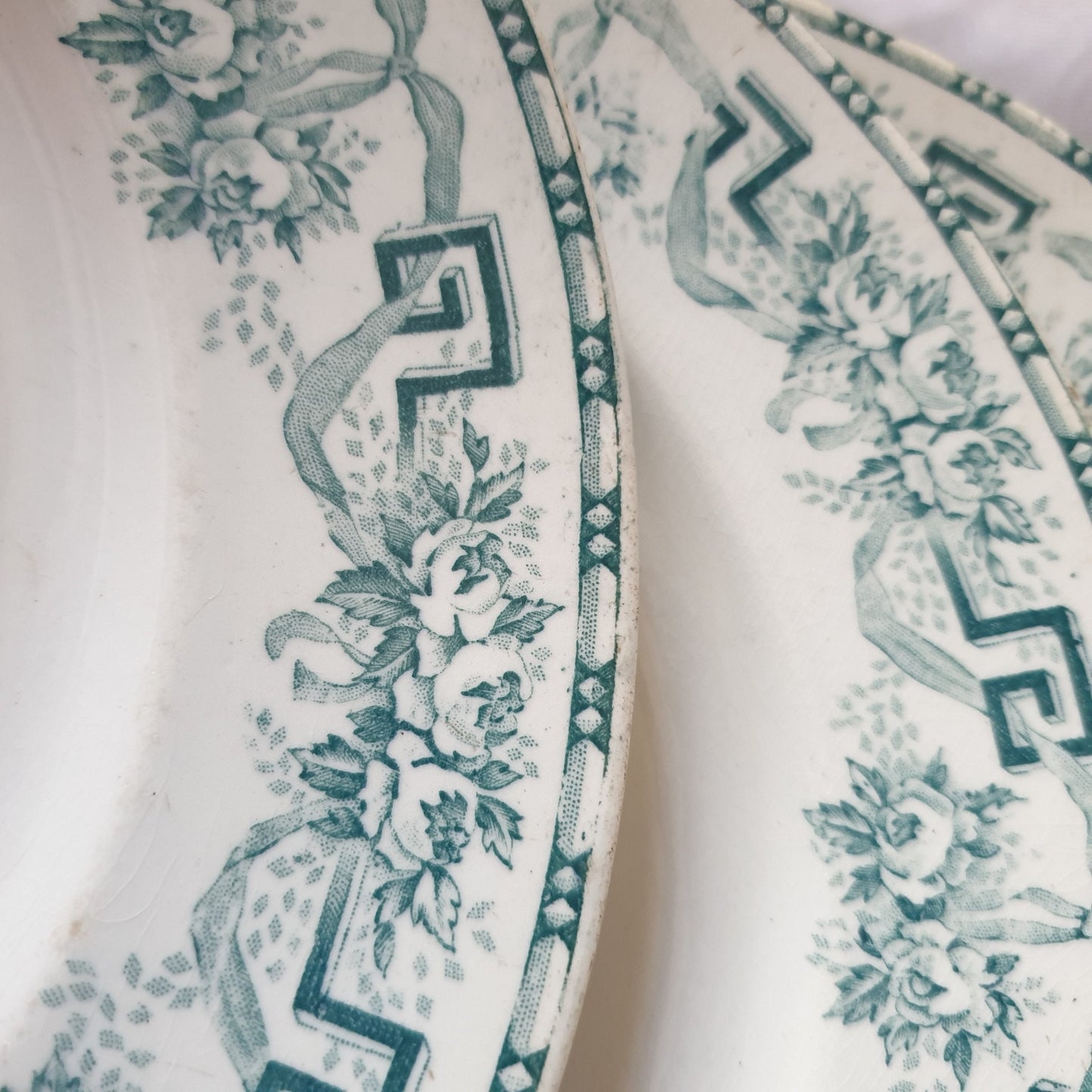 Set 3 Antique French Ironstone Plates, Green Transferware Athenes Pattern