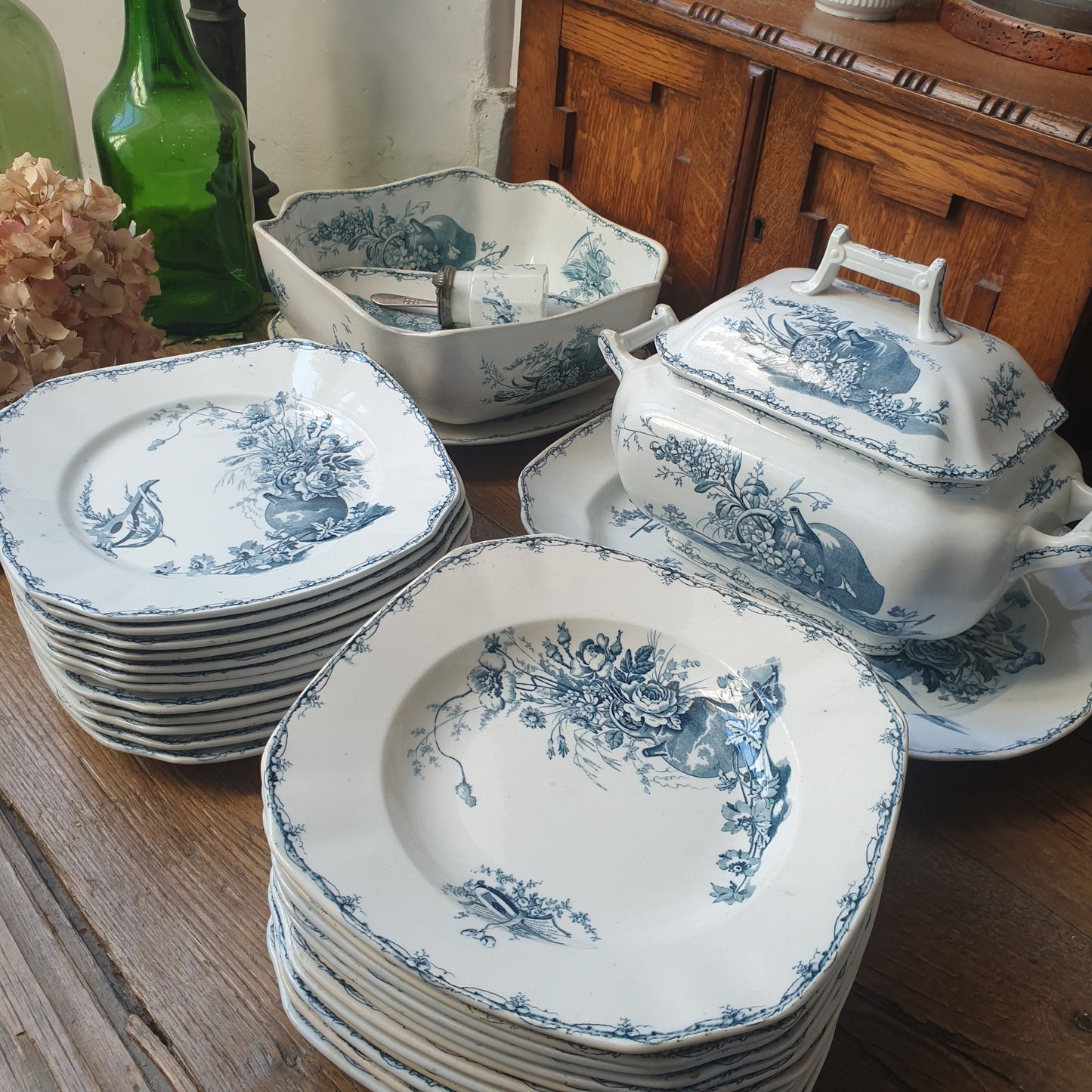Antique dinner service 30pc 12 place set, square plates, petrol blue Aesthetic movement transferware ironstone, 'Champetre' Luneville France