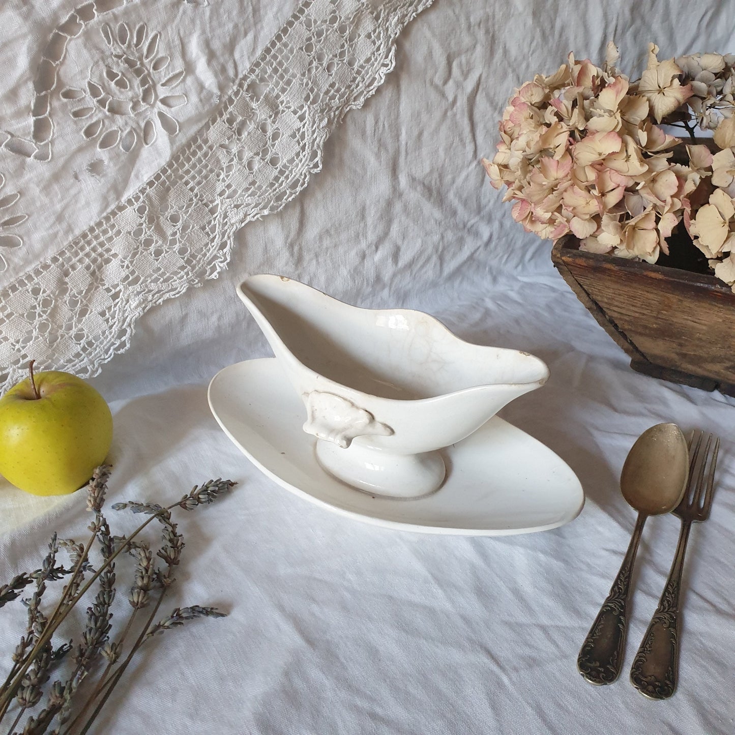 French antique white ironstone footed sauce boat / saucière, molded shell handles, monochrome, Sarreguemines, France c 1880-1900