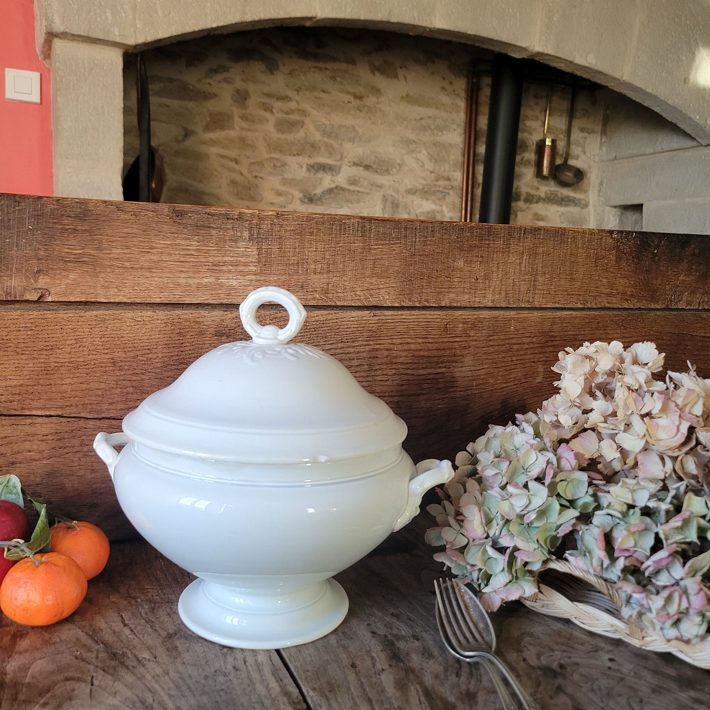 French antique white ironstone soup tureen / bowl / soupiere w acanthus leaf detail from Creil et Montereau, France c1876-1884