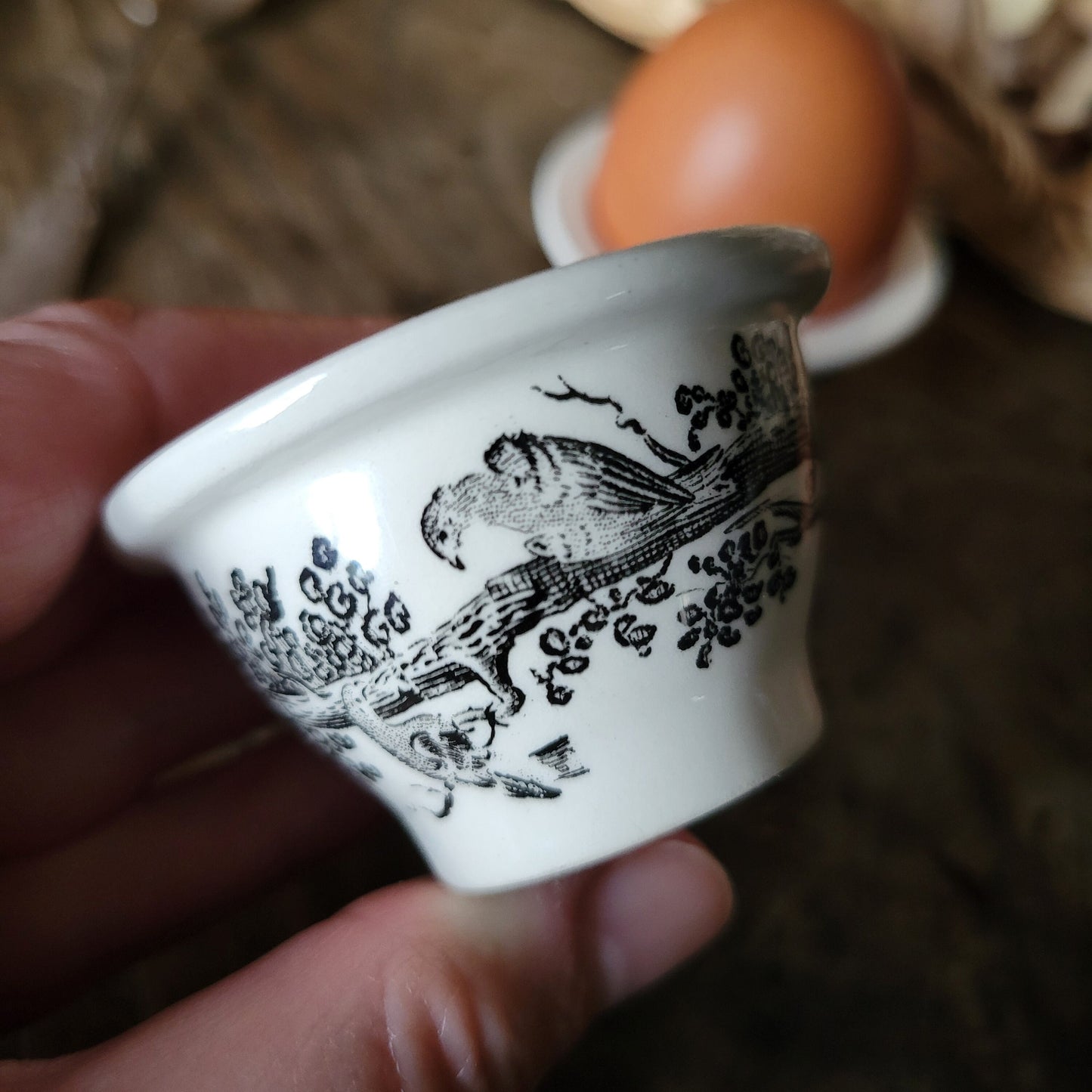 PAIR Vintage Villeroy & Boch "Artemis" bucket style low egg cups c1960, black transferware, birds on branches, excellent condition