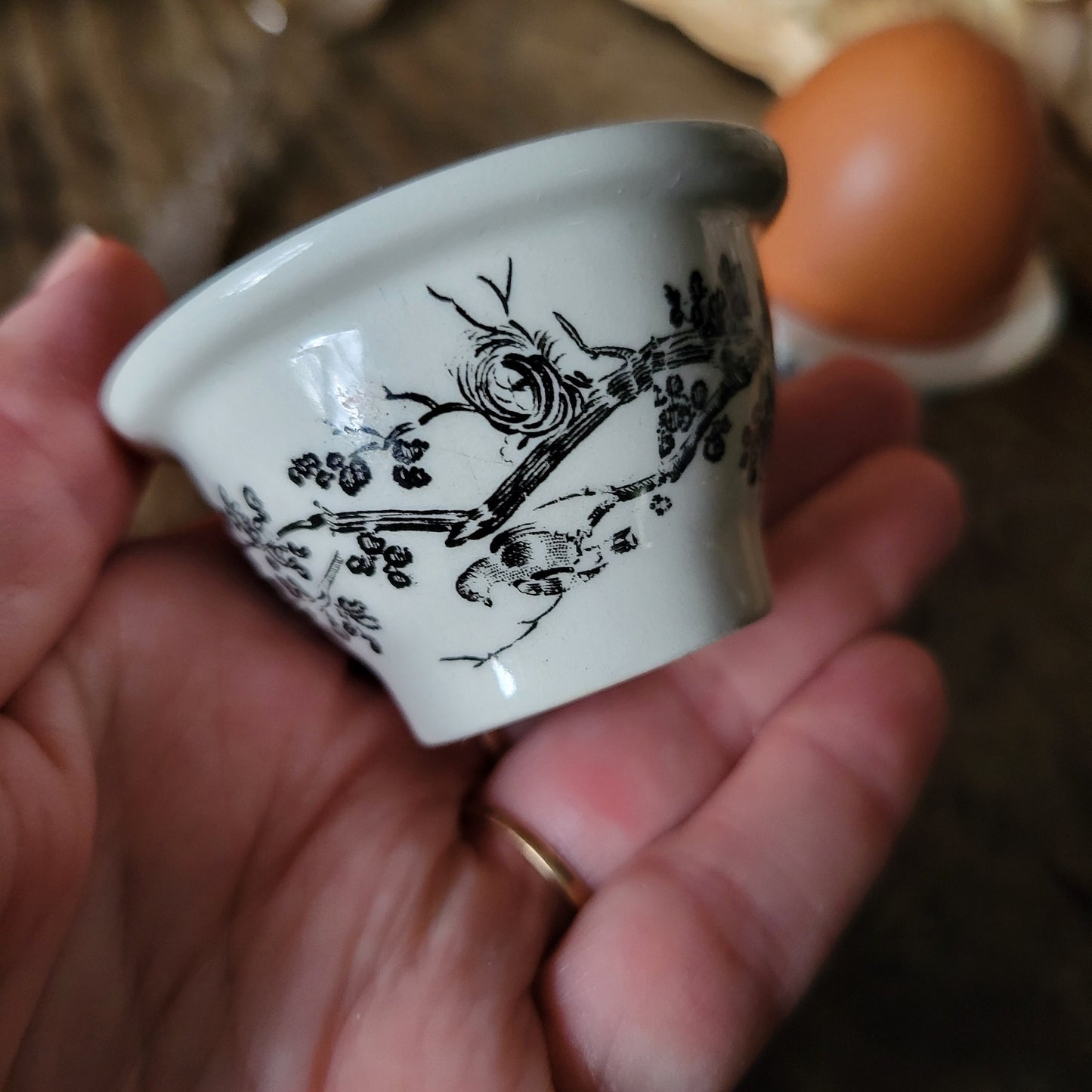 PAIR Vintage Villeroy & Boch "Artemis" bucket style low egg cups c1960, black transferware, birds on branches, excellent condition
