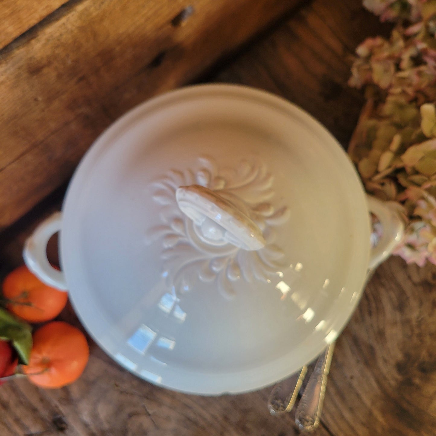 French antique white ironstone soup tureen / bowl / soupiere w acanthus leaf detail from Creil et Montereau, France c1876-1884