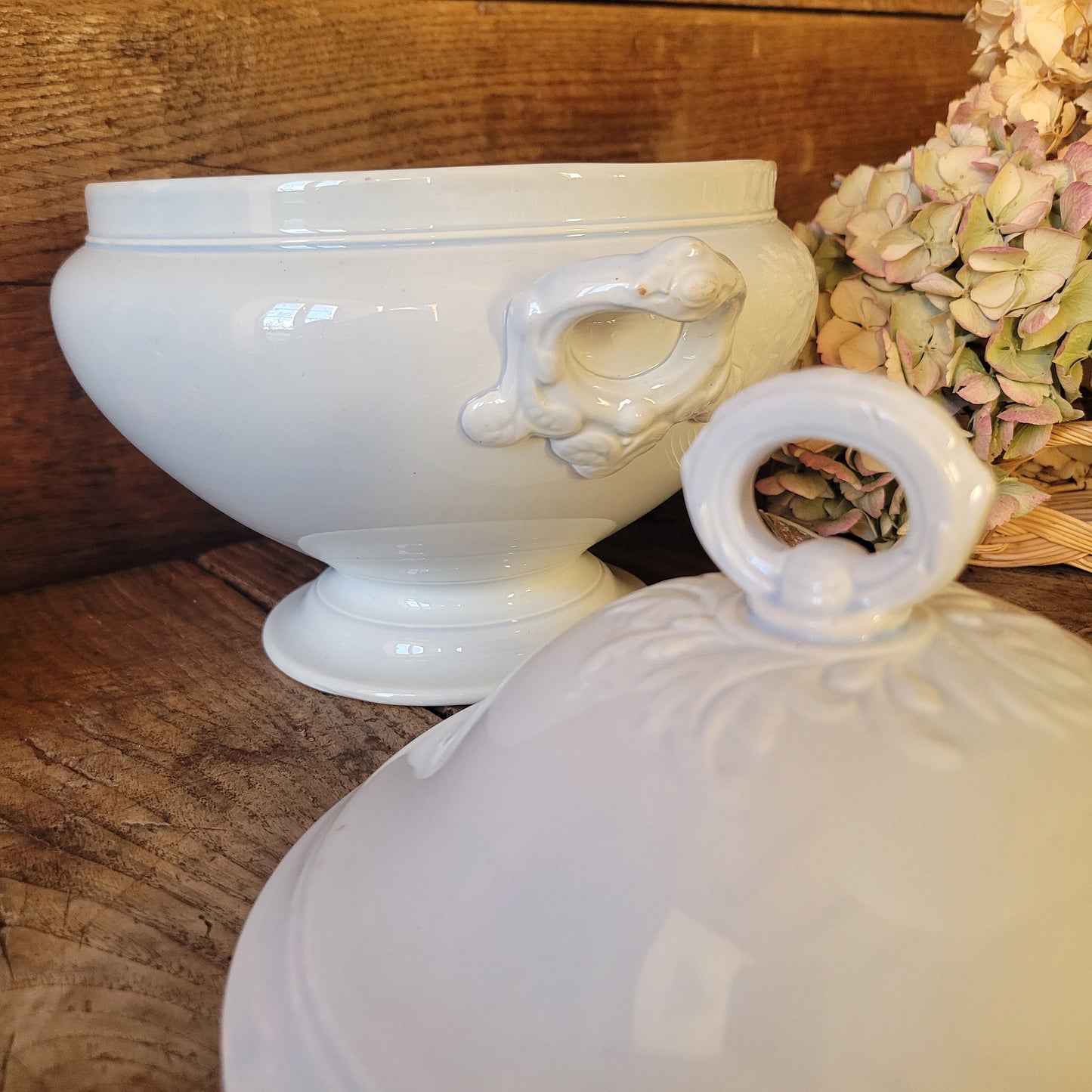 French antique white ironstone soup tureen / bowl / soupiere w acanthus leaf detail from Creil et Montereau, France c1876-1884