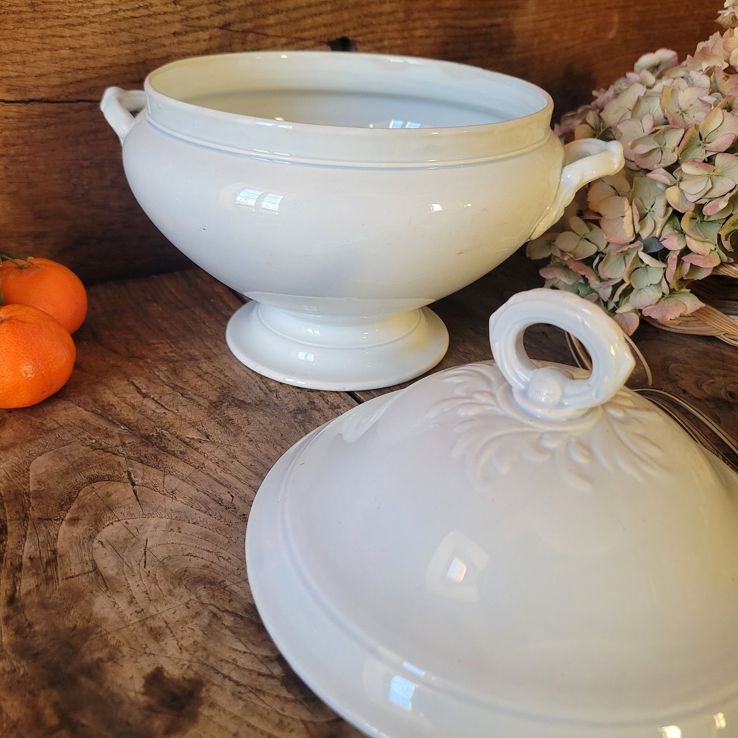 French antique white ironstone soup tureen / bowl / soupiere w acanthus leaf detail from Creil et Montereau, France c1876-1884