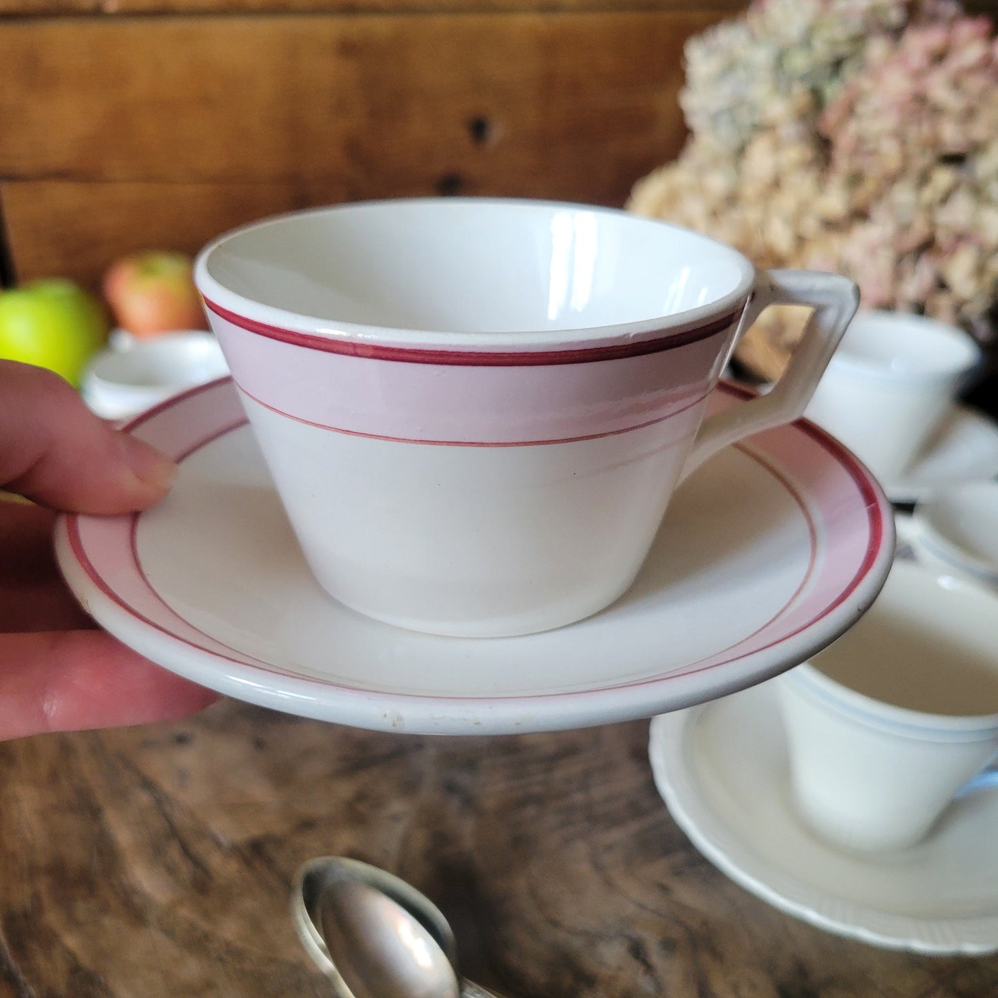 Mismatched SET of 10 cups and saucers antique / vintage French china in classic striped pastel deco, Digoin Sarreguemines, pink, blue, grey