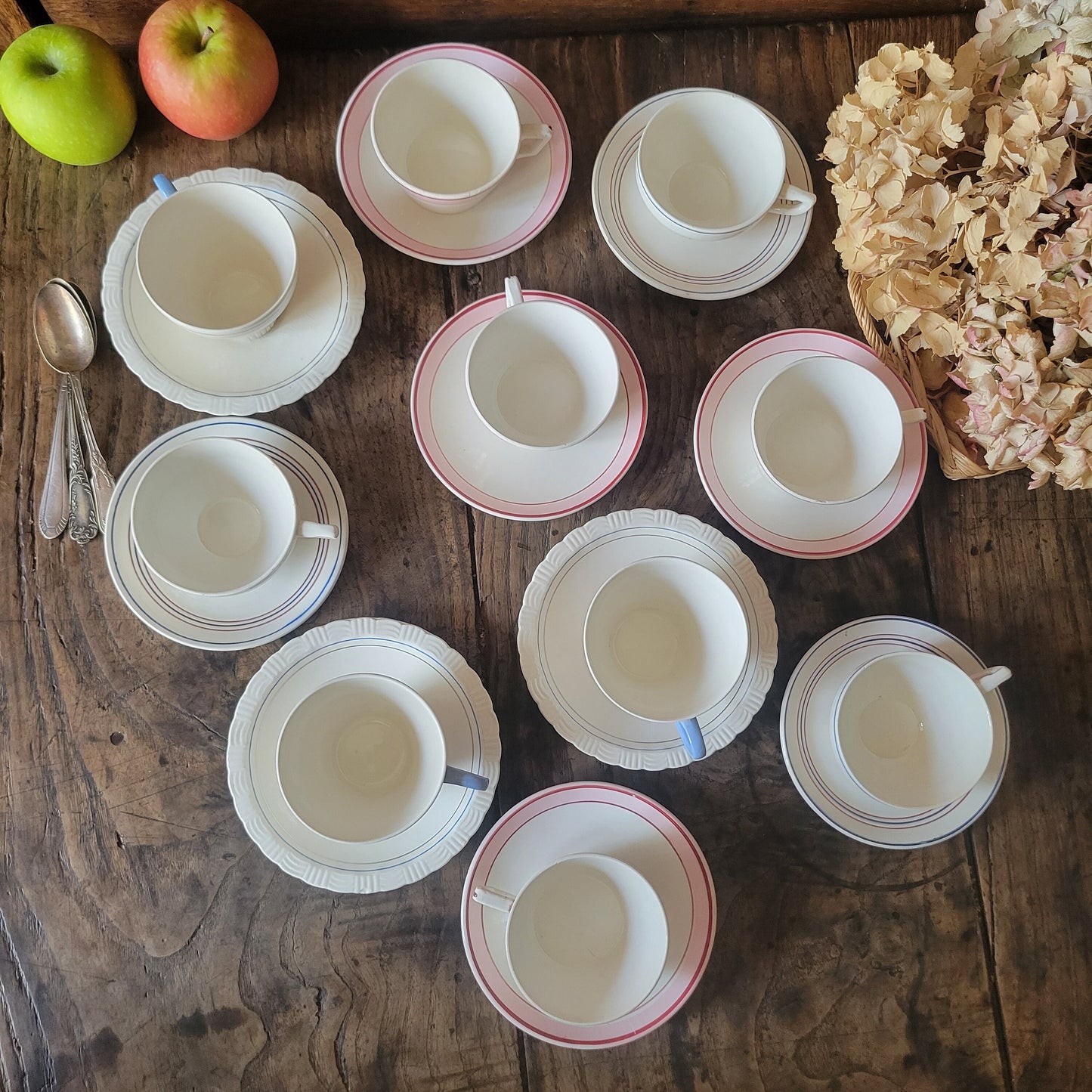 Mismatched SET of 10 cups and saucers antique / vintage French china in classic striped pastel deco, Digoin Sarreguemines, pink, blue, grey