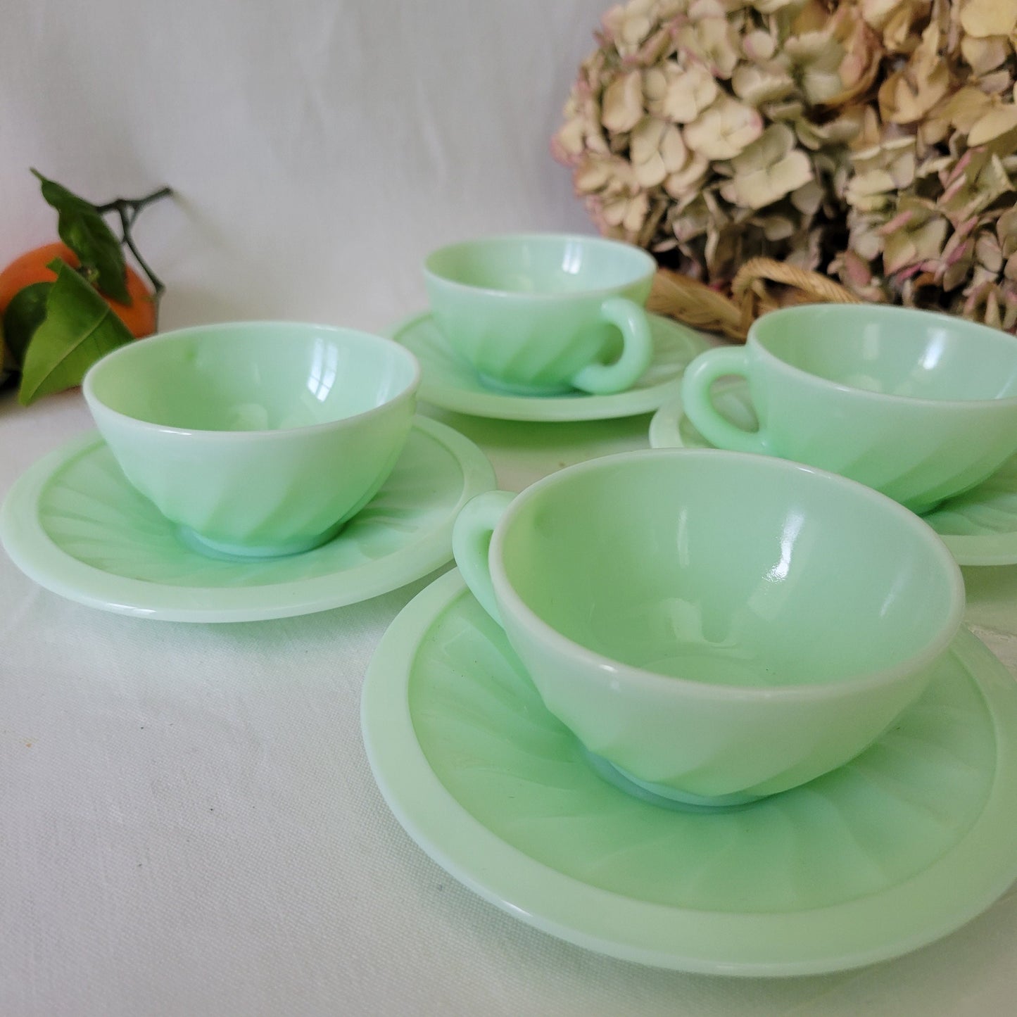 SET 4 French Vintage tea cups mint green Jadeite tea / coffee cups & saucers, twisted milk glass, mid century French Opaline, twisted fluted