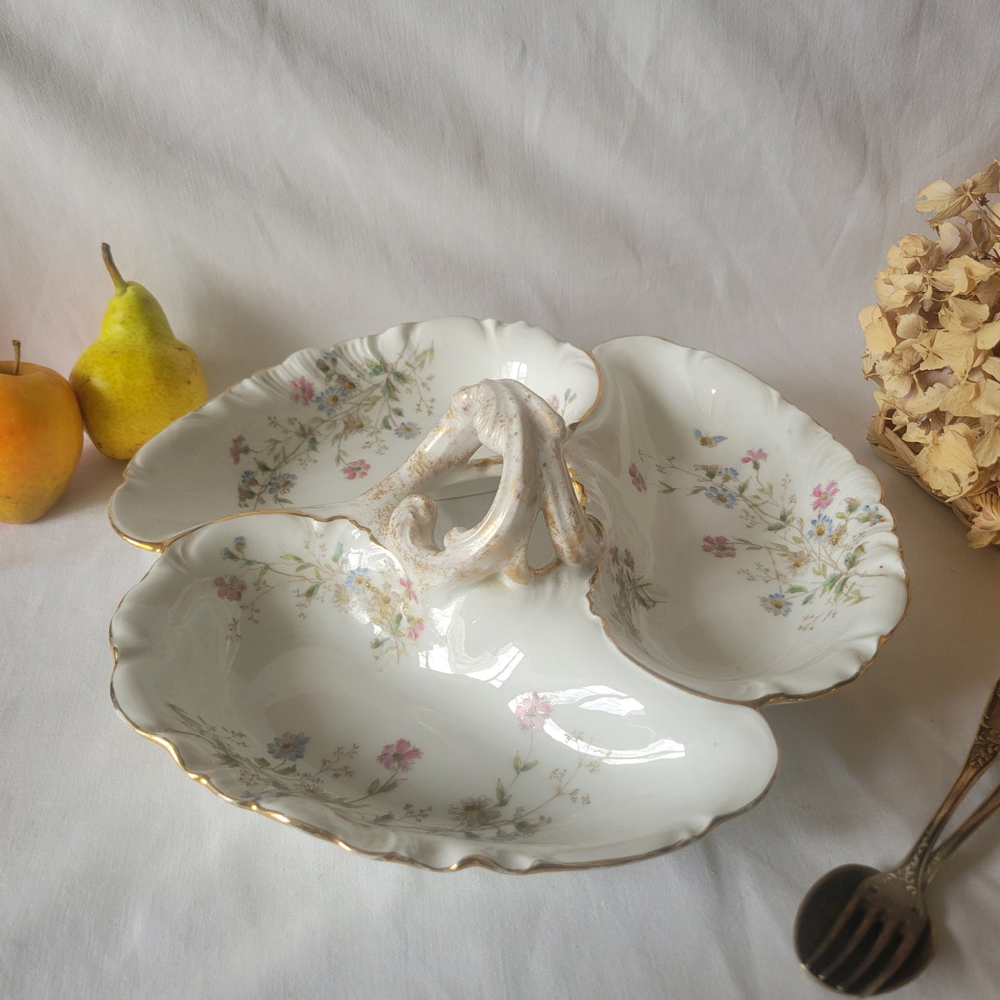 Antique Haviland Limoges floral trefoil divided dish / large serving tray, hand painted flowers on white porcelain & gilt edge, 19thC France