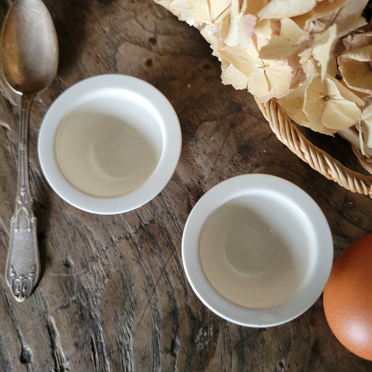 PAIR Vintage Villeroy & Boch "Artemis" bucket style low egg cups c1960, black transferware, birds on branches, excellent condition