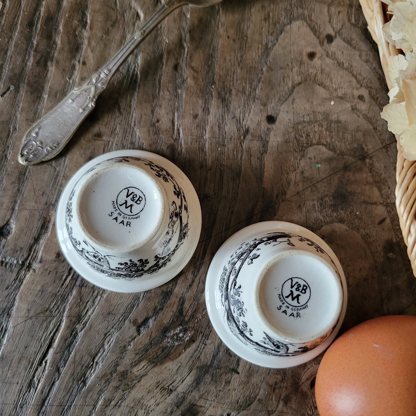PAIR Vintage Villeroy & Boch "Artemis" bucket style low egg cups c1960, black transferware, birds on branches, excellent condition