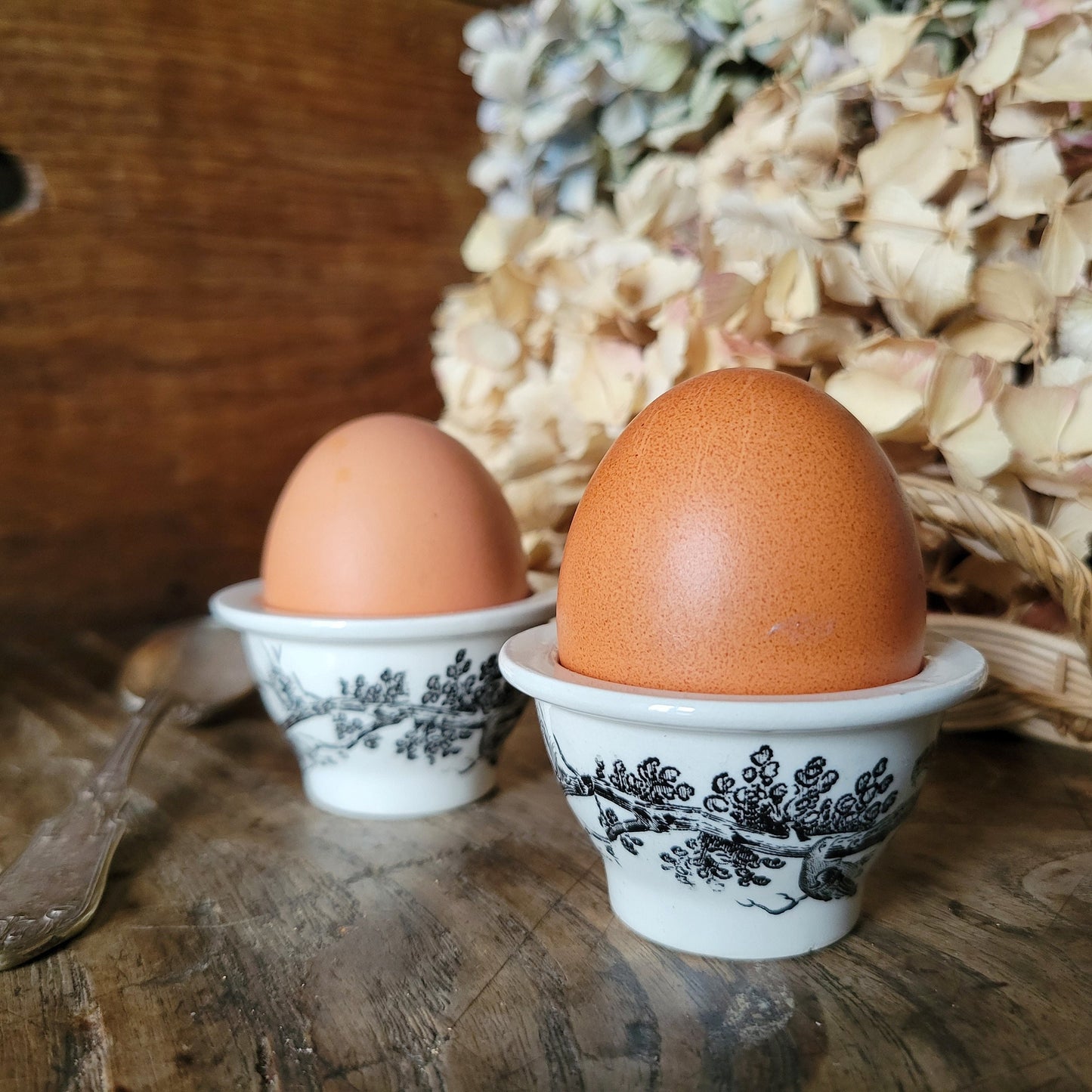 PAIR Vintage Villeroy & Boch "Artemis" bucket style low egg cups c1960, black transferware, birds on branches, excellent condition