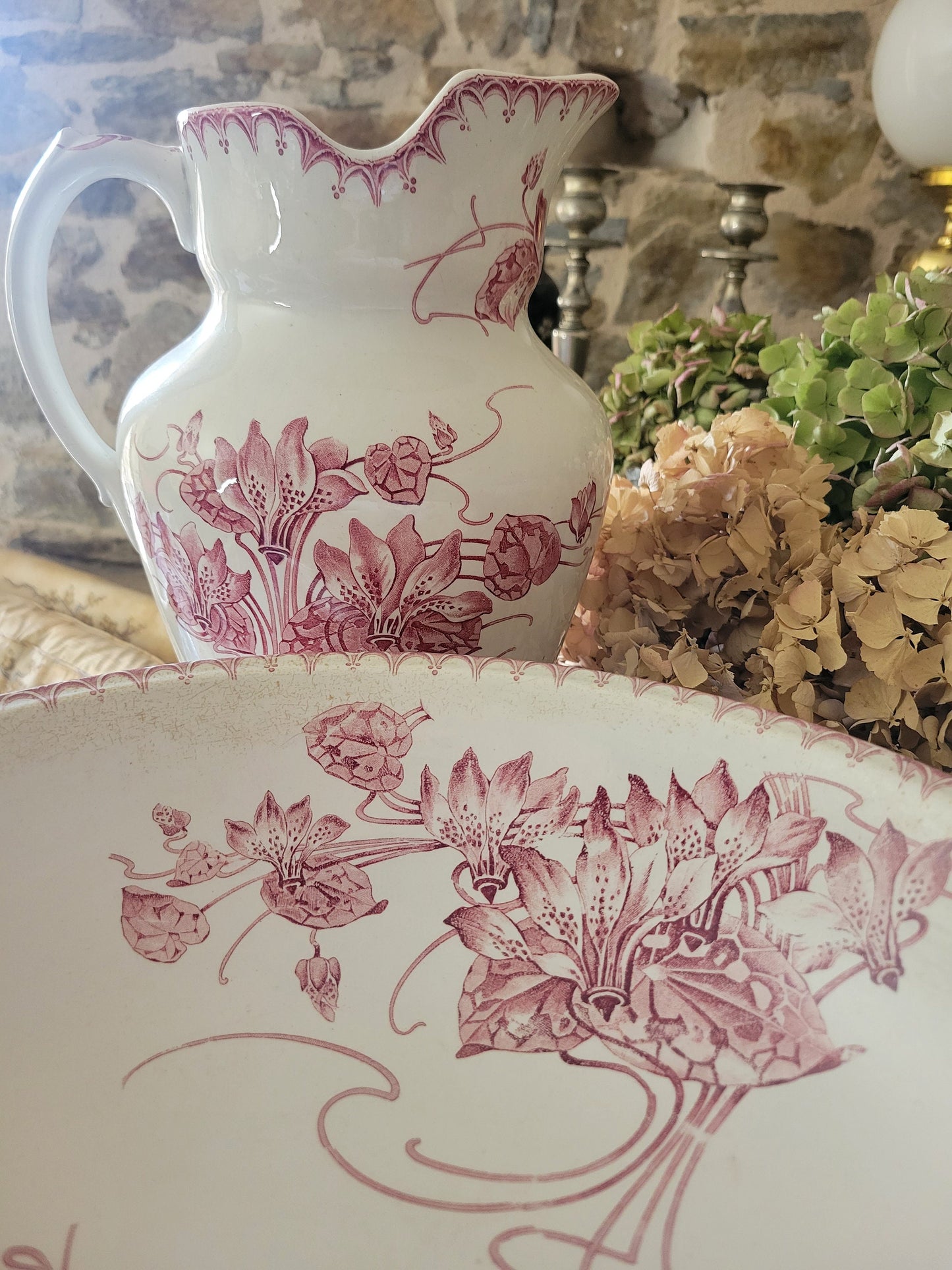 Antique tall water jug and bowl set, rare early Art Nouveau transferware red & white florals w lilies 'Mars' BFK Boch Freres Keramis c1900