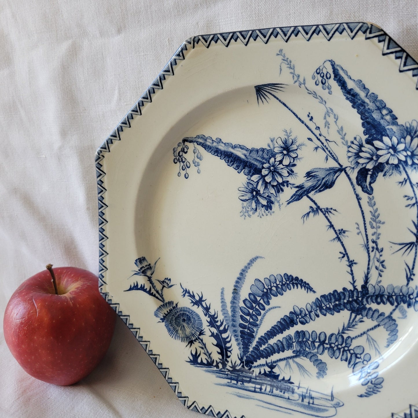 Rare Antique French 19thC Octagonal plate 'Indiana' Clairefontaine Emile Rigal & Jules Sanejouand c1879, blue / white ironstone transferware