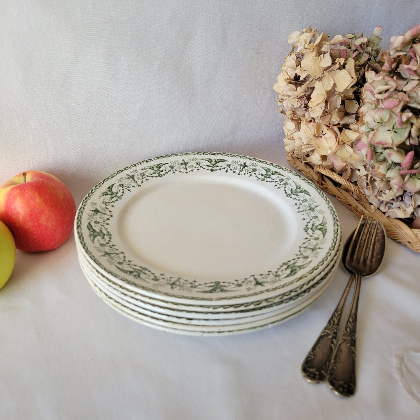 SET 6 French antique dinner plates, Empire style, birds & wreaths, green transferware, 'Primerose' by T Fenal Badonviller, France c1890-1900