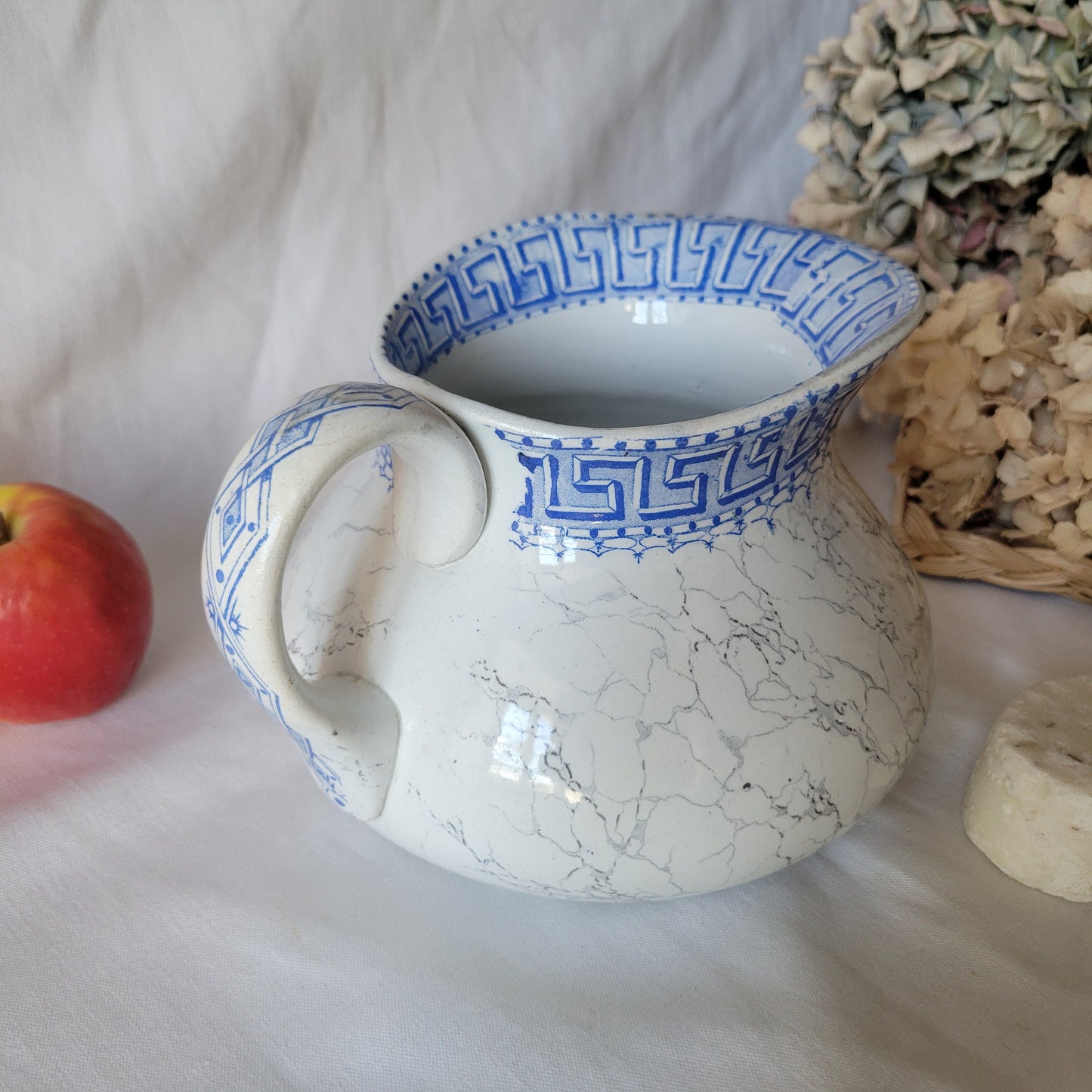 Antique pitcher / water jug, REVIEW marble effect blue and white Greek key border, 'Athenes' by K&G Luneville, France c1890 cornflower blue