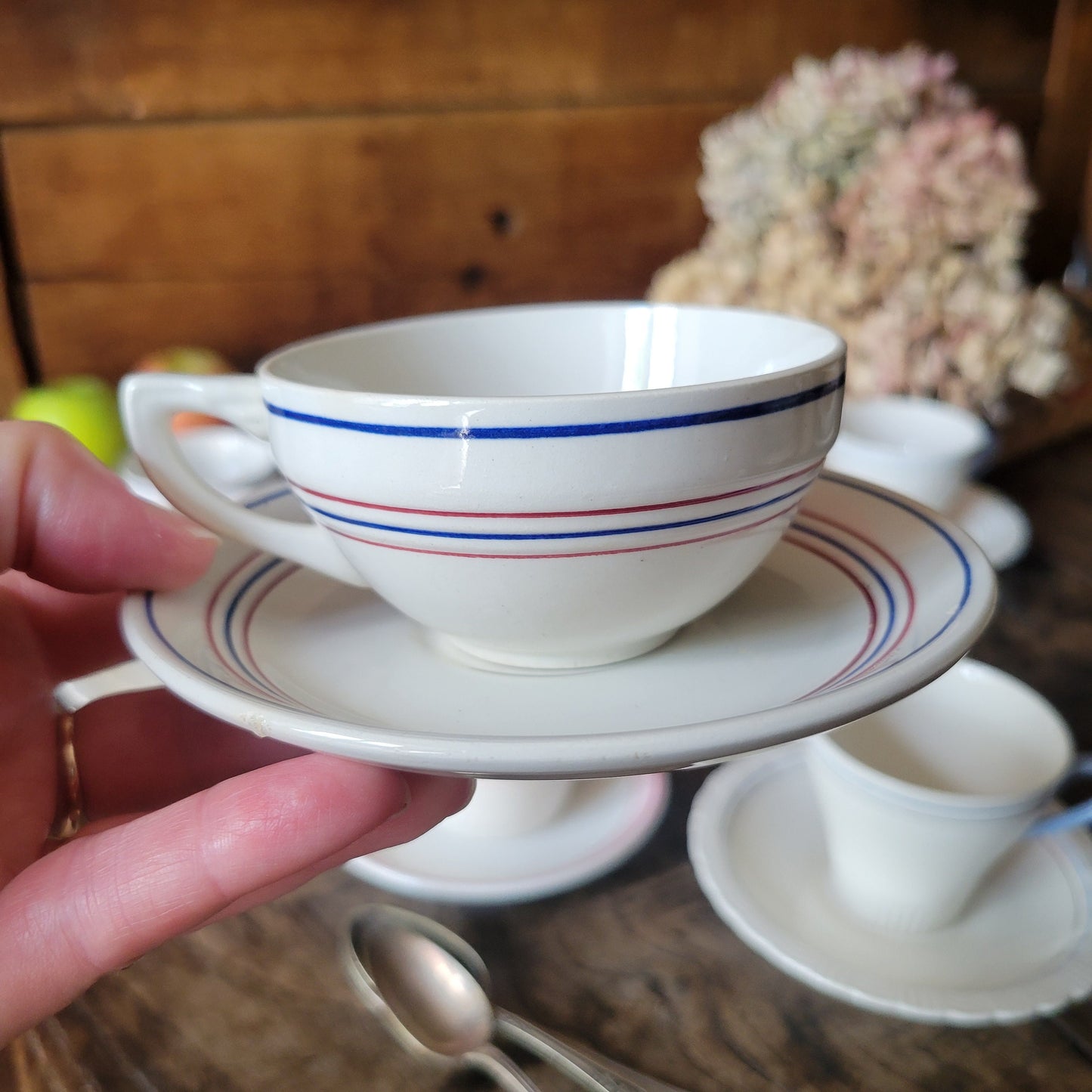 Mismatched SET of 10 cups and saucers antique / vintage French china in classic striped pastel deco, Digoin Sarreguemines, pink, blue, grey