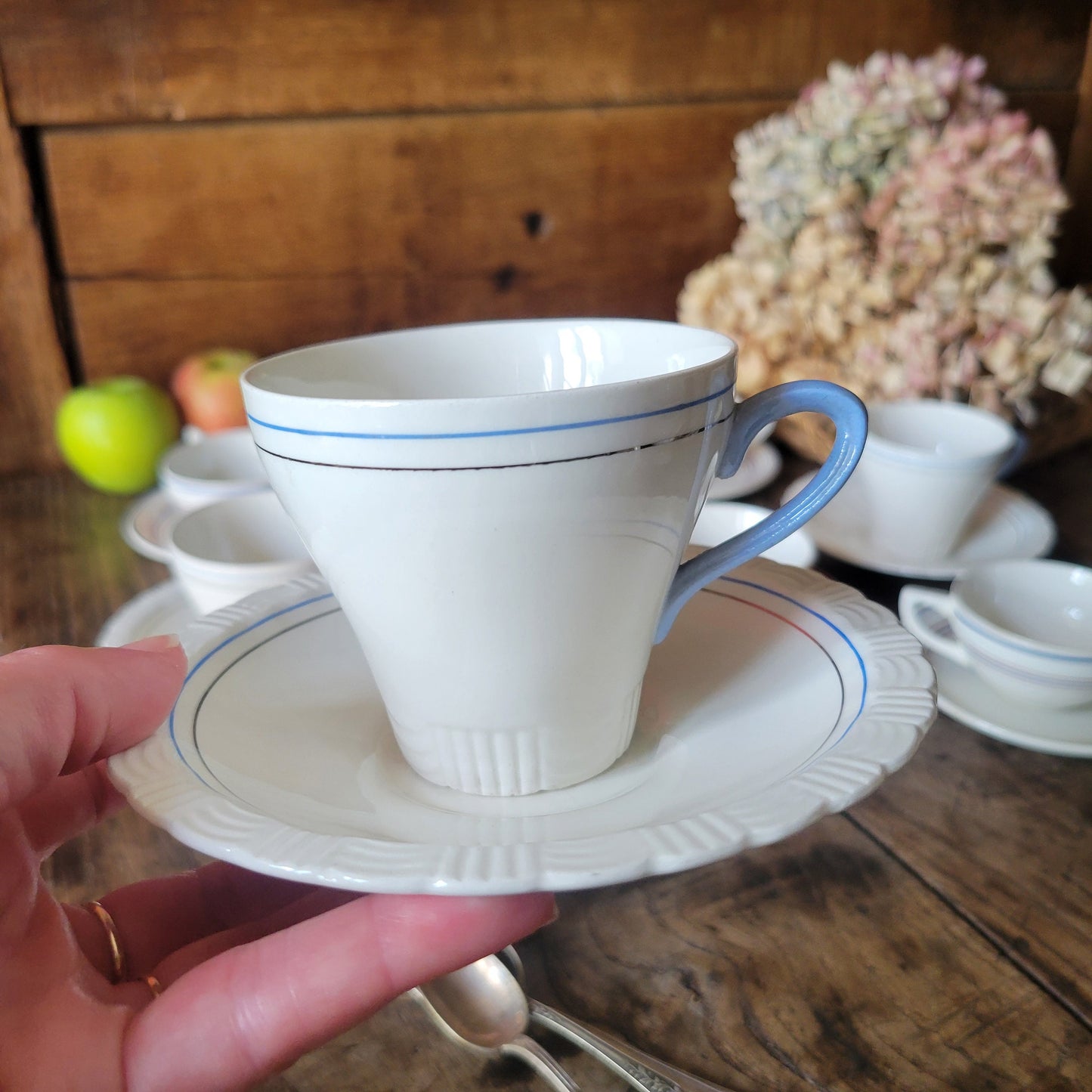 Mismatched SET of 10 cups and saucers antique / vintage French china in classic striped pastel deco, Digoin Sarreguemines, pink, blue, grey