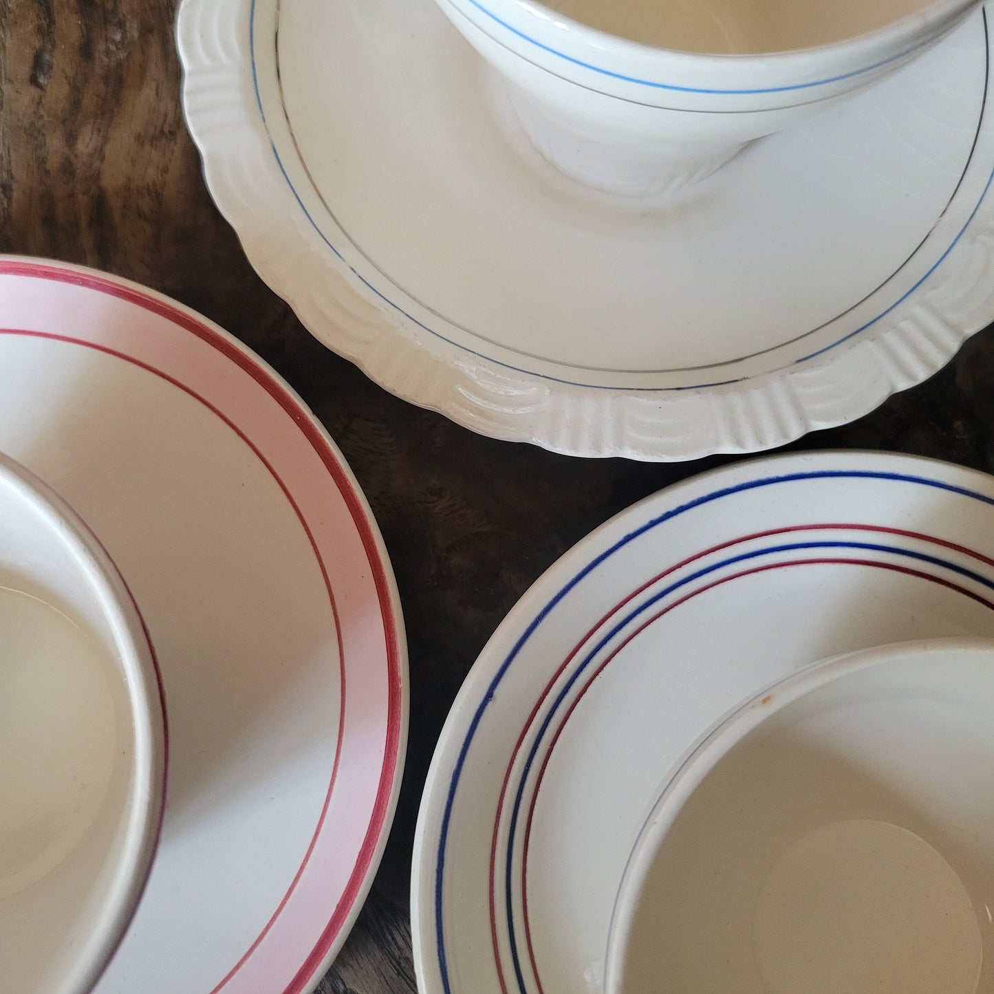 Mismatched SET of 10 cups and saucers antique / vintage French china in classic striped pastel deco, Digoin Sarreguemines, pink, blue, grey