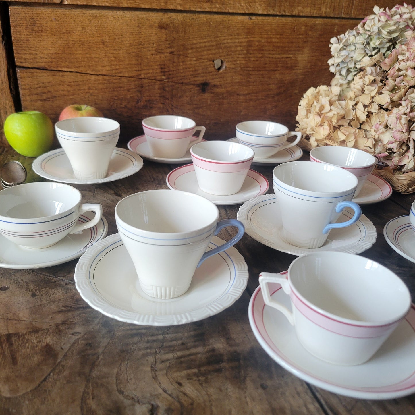 Mismatched SET of 10 cups and saucers antique / vintage French china in classic striped pastel deco, Digoin Sarreguemines, pink, blue, grey