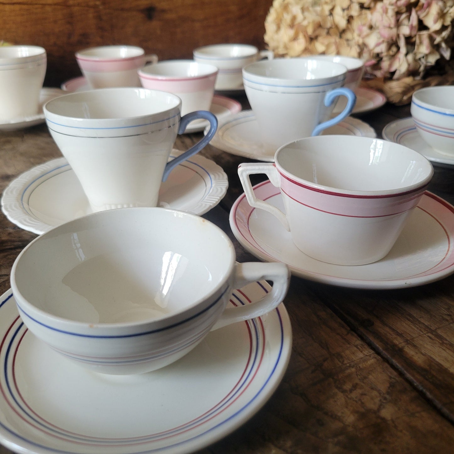 Mismatched SET of 10 cups and saucers antique / vintage French china in classic striped pastel deco, Digoin Sarreguemines, pink, blue, grey