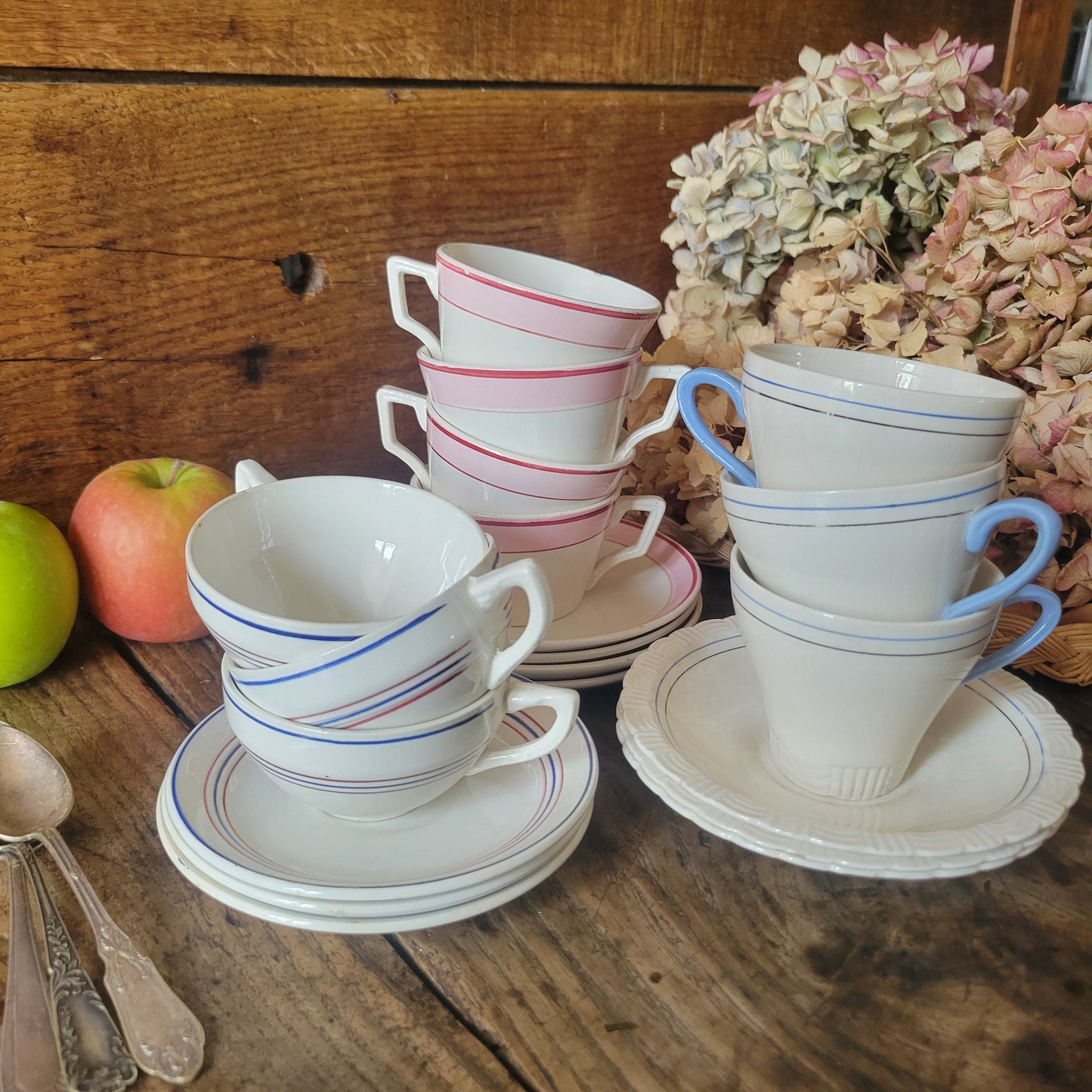 Mismatched SET of 10 cups and saucers antique / vintage French china in classic striped pastel deco, Digoin Sarreguemines, pink, blue, grey