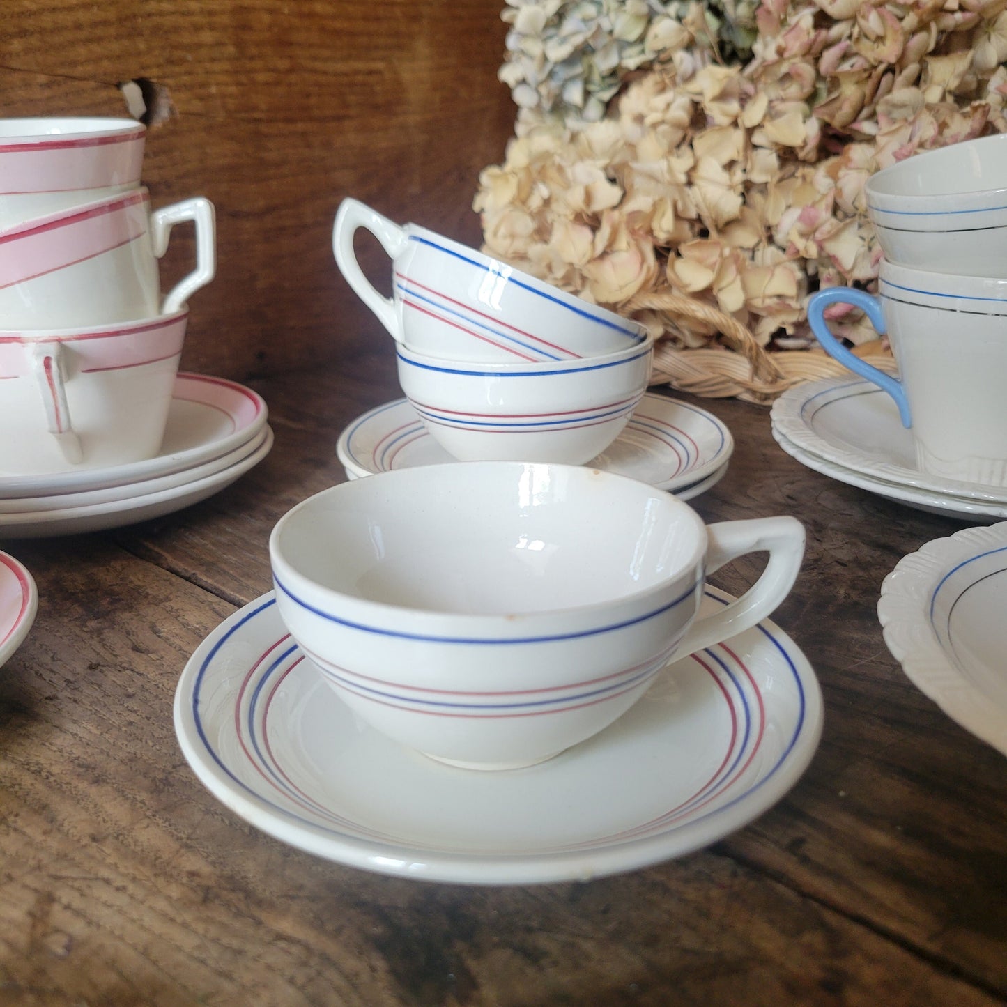 Mismatched SET of 10 cups and saucers antique / vintage French china in classic striped pastel deco, Digoin Sarreguemines, pink, blue, grey