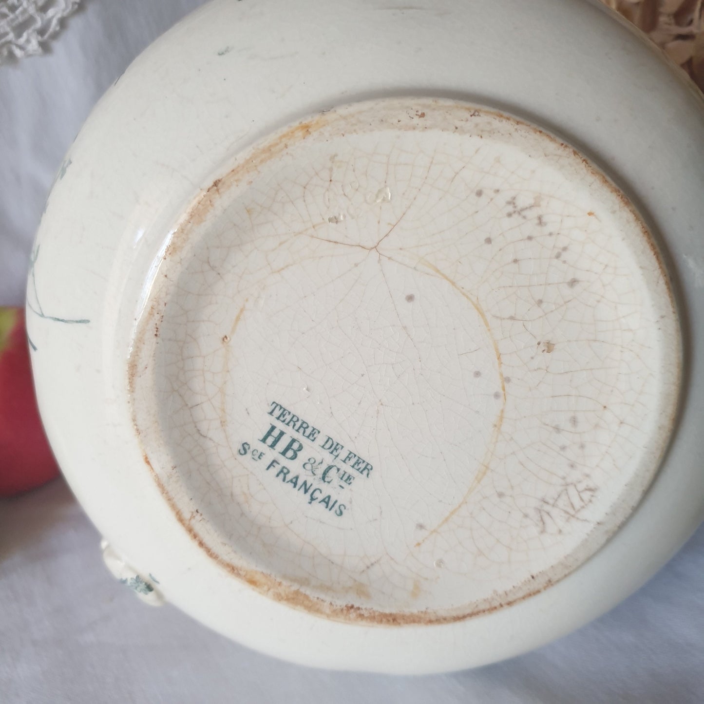 French antique pitcher, bird & butterfly ironstone jug, green and white transferware Victorian Aesthetic Movement c1890 Choisy le Roi France