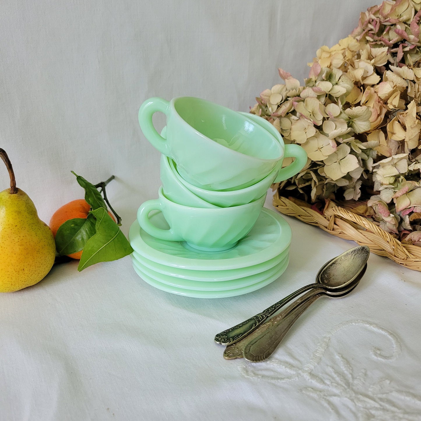 SET 4 French Vintage tea cups mint green Jadeite tea / coffee cups & saucers, twisted milk glass, mid century French Opaline, twisted fluted