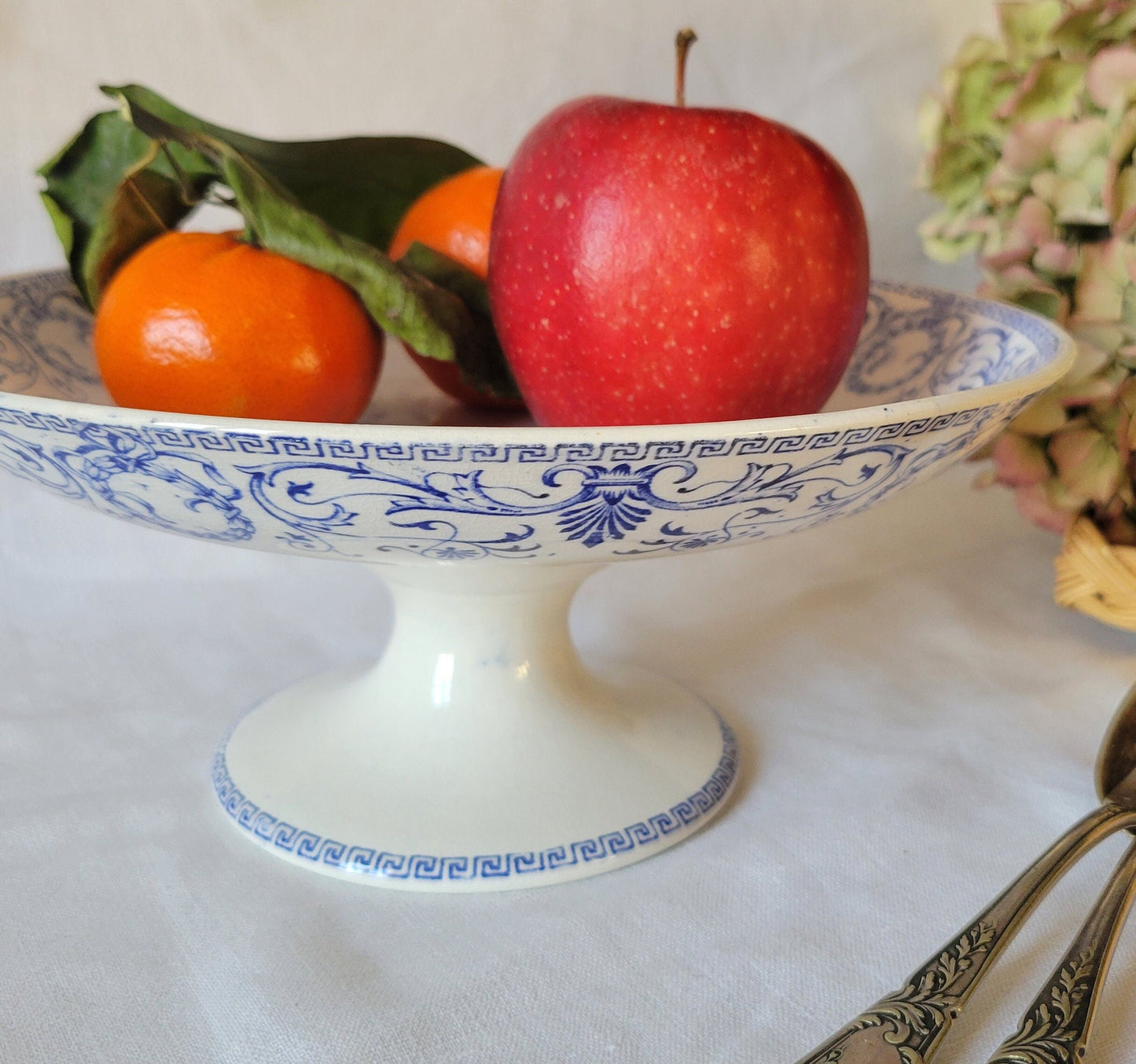 French antique 19thC cake / dessert stand, floral blue & white transferware, Marie Louise by Creil et Montereau, Empire wreaths, ribbons