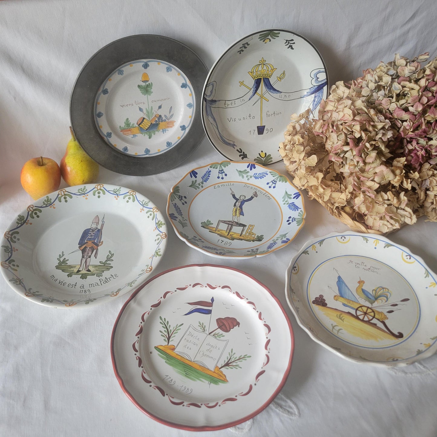 Mismatched SET of 6 French Revolution plates, hand-painted tin glazed faience, 20th C pieces based on historic designs c1789, France