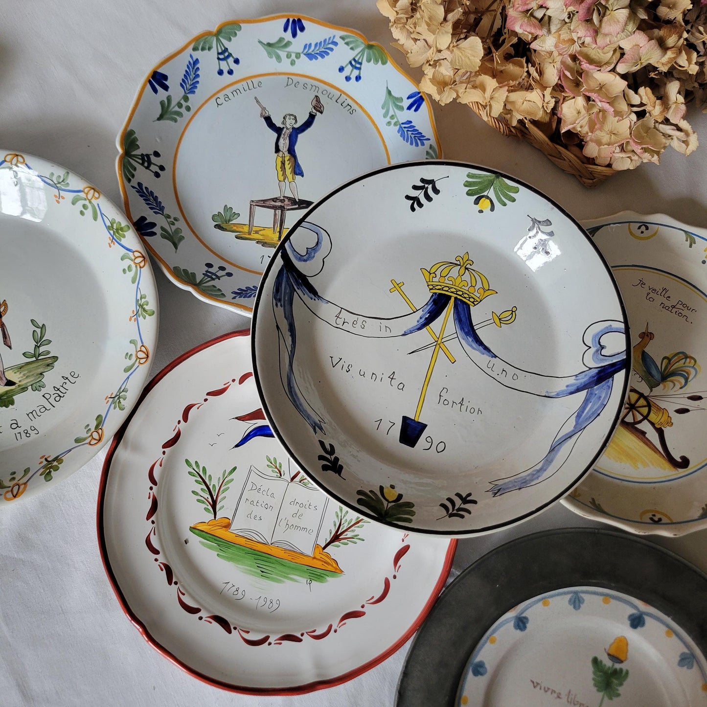 Mismatched SET of 6 French Revolution plates, hand-painted tin glazed faience, 20th C pieces based on historic designs c1789, France