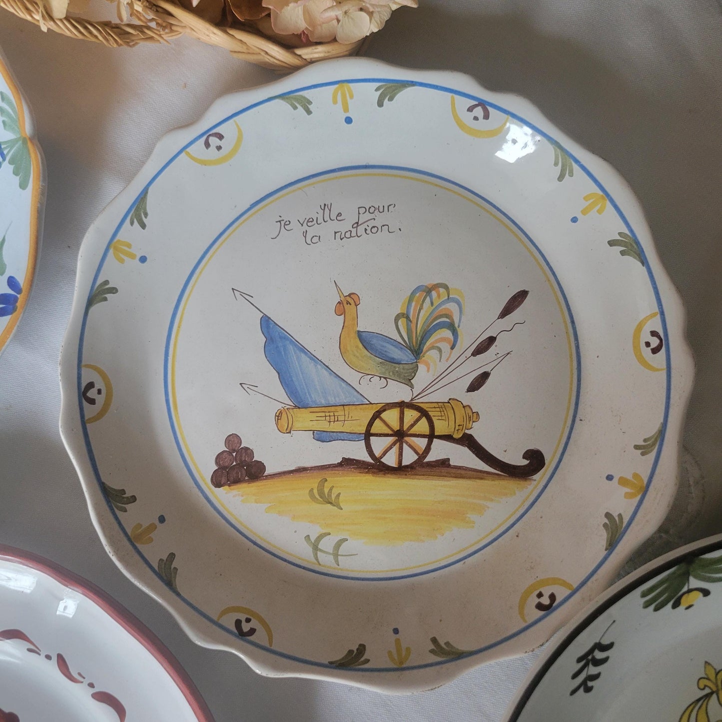 Mismatched SET of 6 French Revolution plates, hand-painted tin glazed faience, 20th C pieces based on historic designs c1789, France