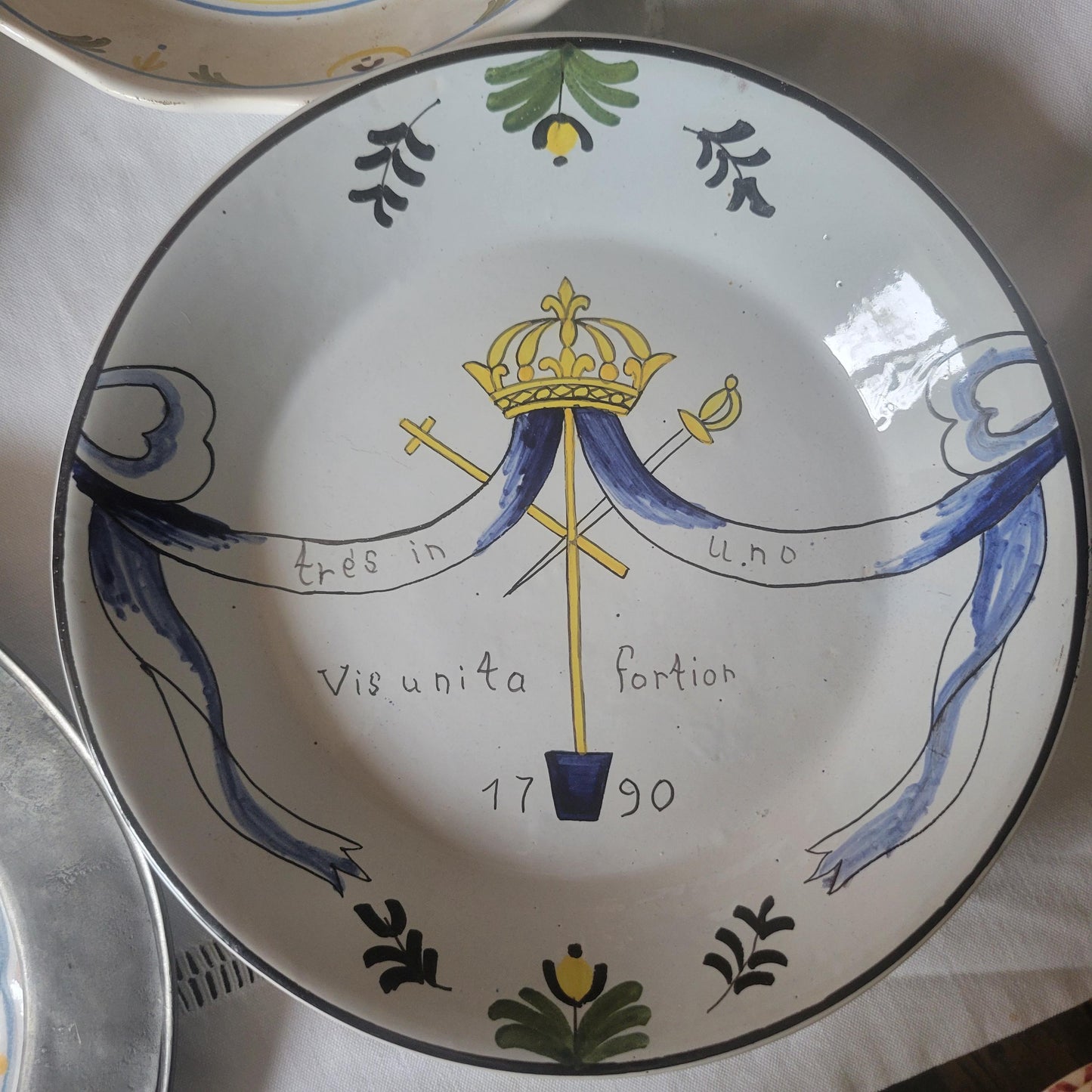 Mismatched SET of 6 French Revolution plates, hand-painted tin glazed faience, 20th C pieces based on historic designs c1789, France