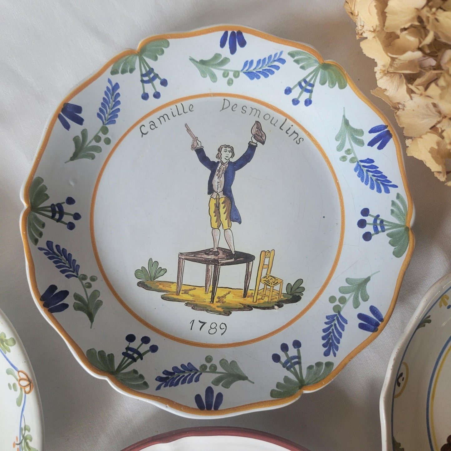Mismatched SET of 6 French Revolution plates, hand-painted tin glazed faience, 20th C pieces based on historic designs c1789, France