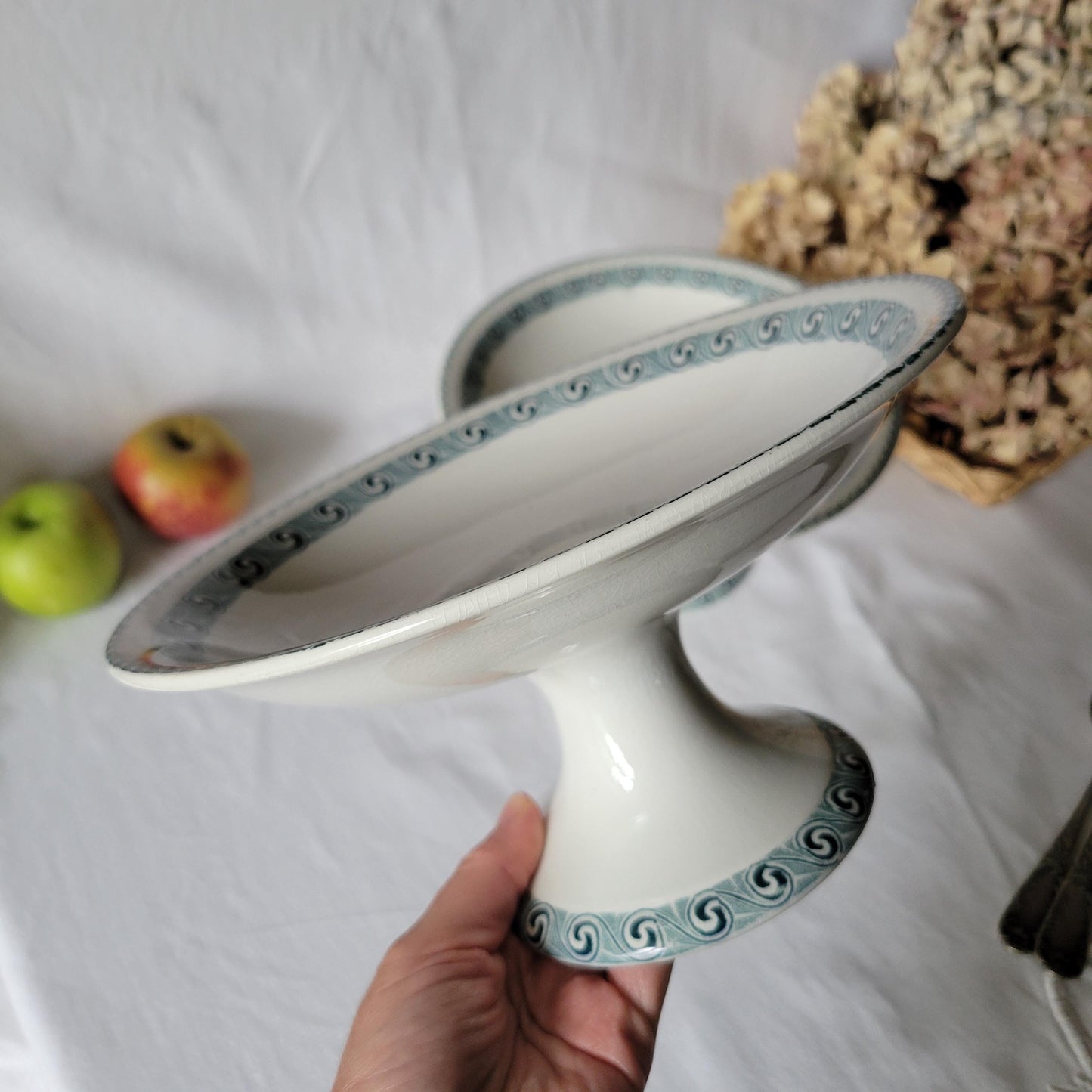 PAIR French antique cake stands, two tall compotiers, petrol blue green transferware, geometric spiral Greek key, guilloche, St Amand c1910