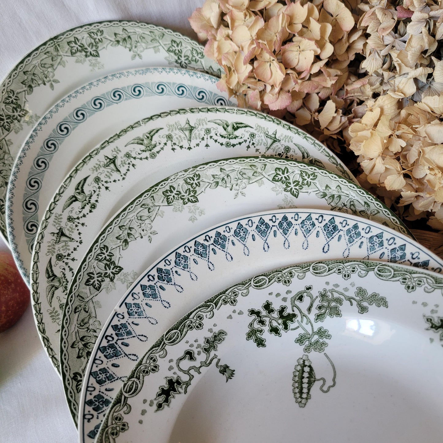 Set of 6 French antique mismatched ironstone soup plates, green transferware, cottage style. St Amand, Moulin des Loups, Badonviller France