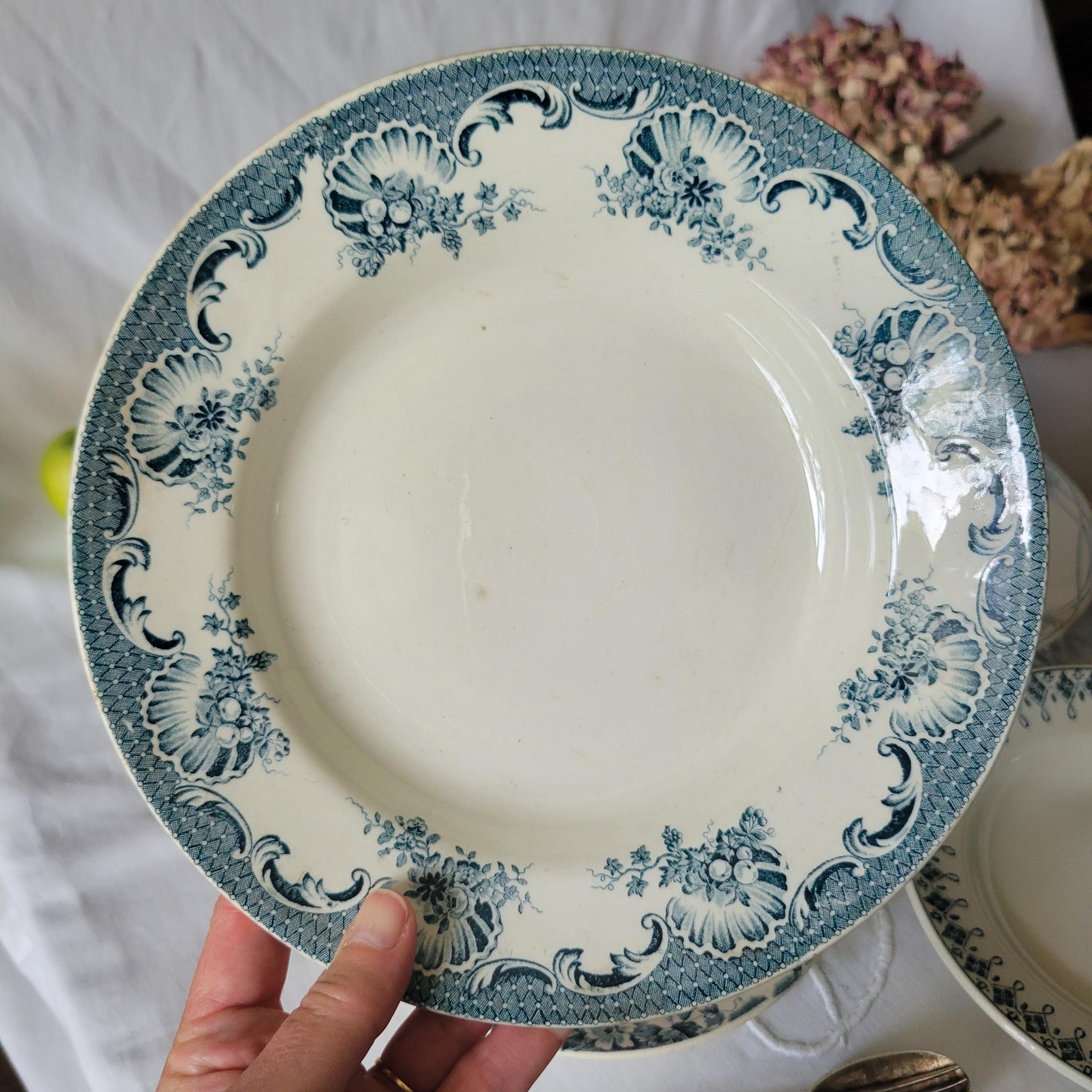 Set of 6 French antique mismatched ironstone soup plates, petrol blue transferware, Art Nouveau cottage style St Amand, Sarreguemines, c1900