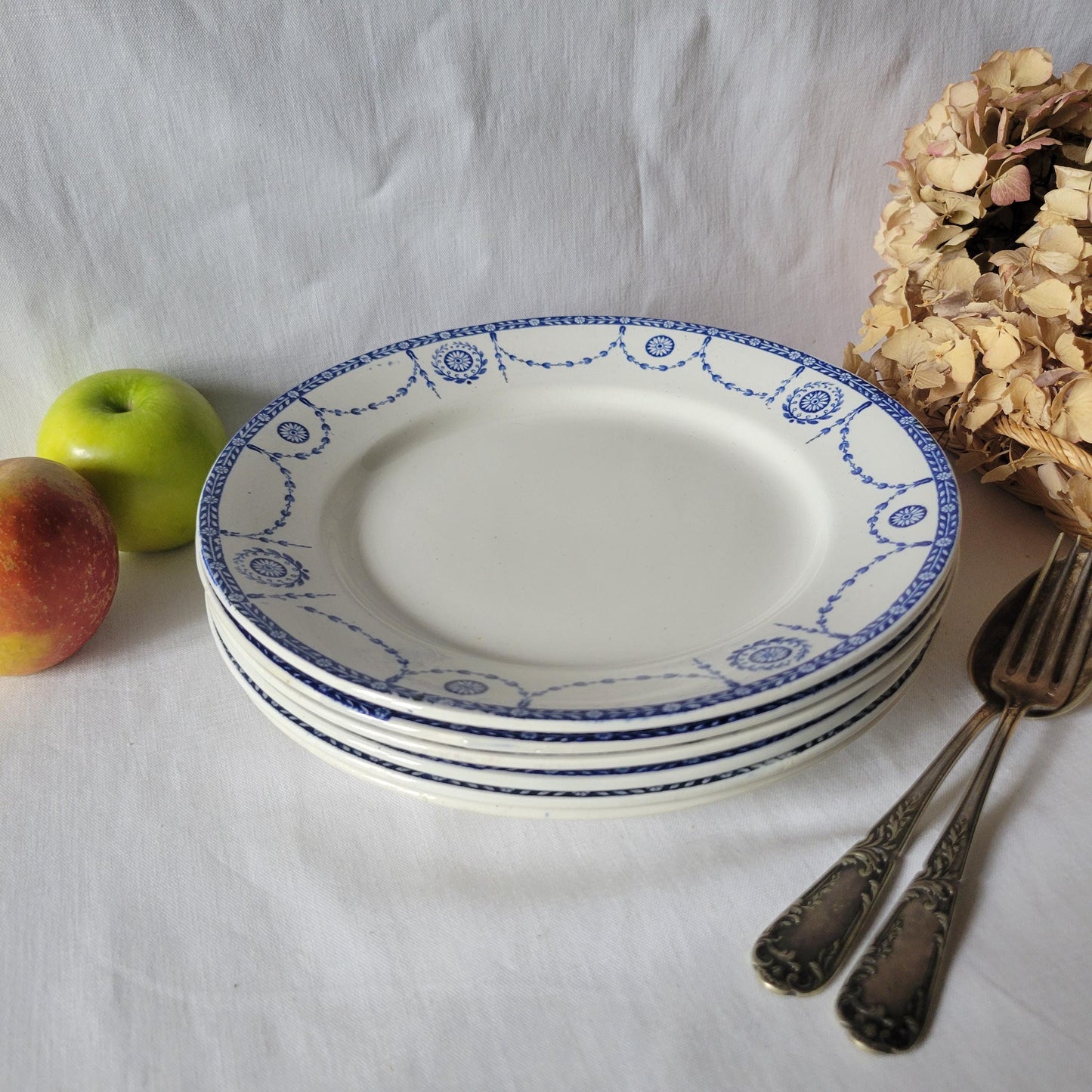 SET 6 antique French dinner plates, blue & white transferware Neoclassical design, 'Bonaparte' pattern KG Luneville France c1890-1910