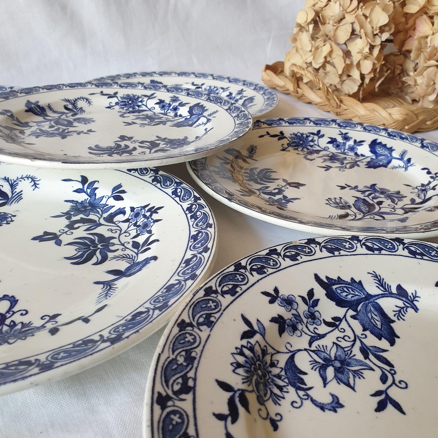 SET of 6 French antique breakfast / side plates navy blue transferware 'Delft' pattern c1880 by Sanejouand Graves, Clairefontaine, France