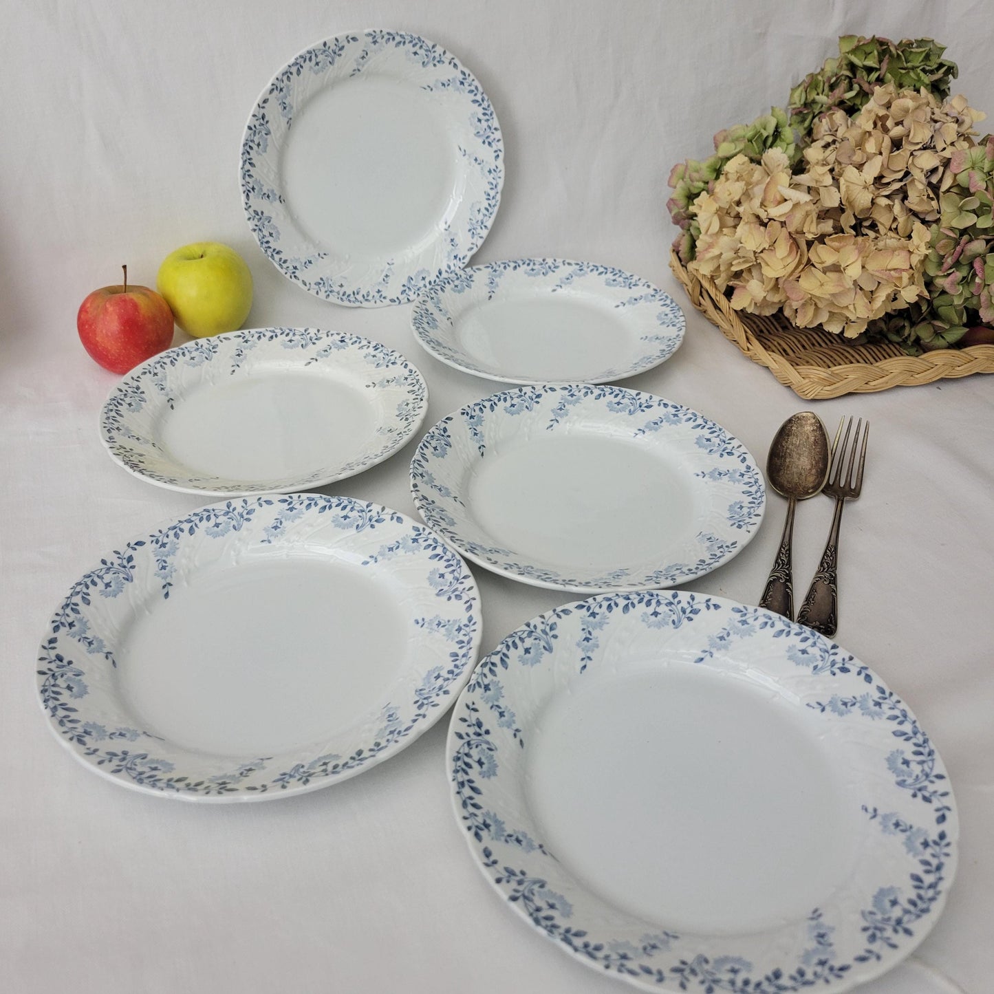 SET 6 antique French side plates c1900, blue & white transferware Art Nouveau floral design, barbotine festonee border KG Luneville France