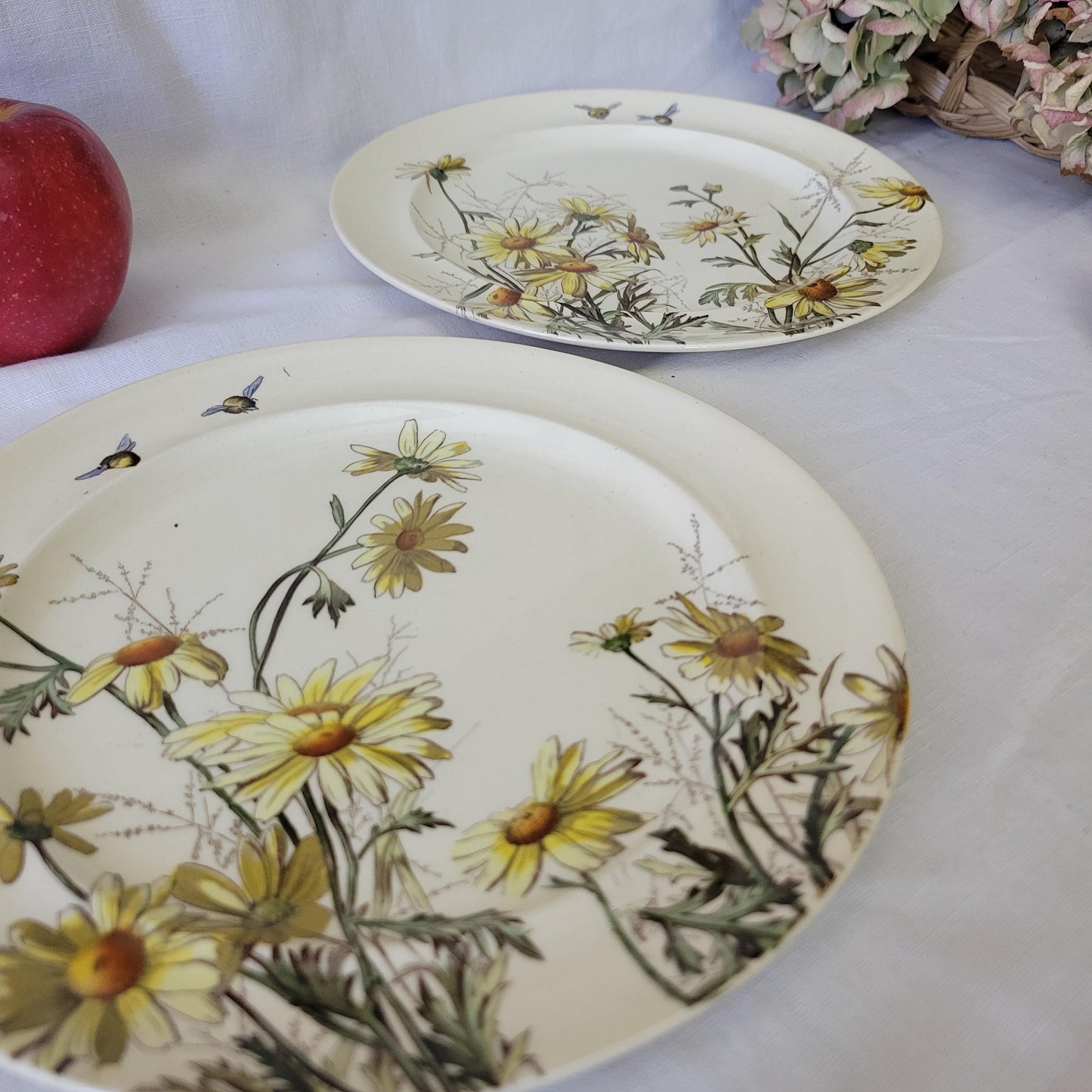Exquisite antique floral plate, hand-colored yellow daisies, bees, polychrome transferware w insects George Jones & Sons Staffordshire c1880