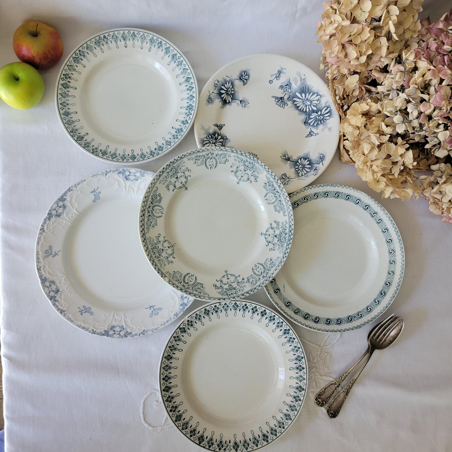 SET of 6 shabby mismatched French antique ironstone wall plates blue/green transferware cottage style, St Amand, Moulin Des Loups, Luneville