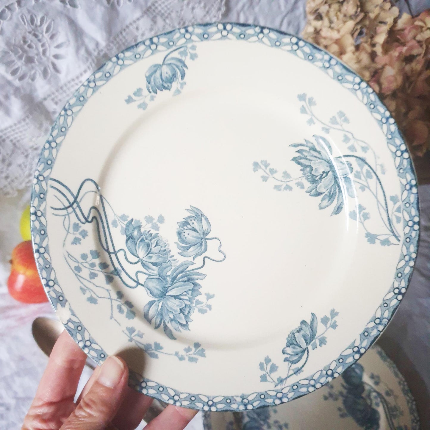 Set of 3 French antique Art Nouveau shabby side plates Columbine flowers, blue transferware earthenware 'Royat' Sarreguemines, France c1910