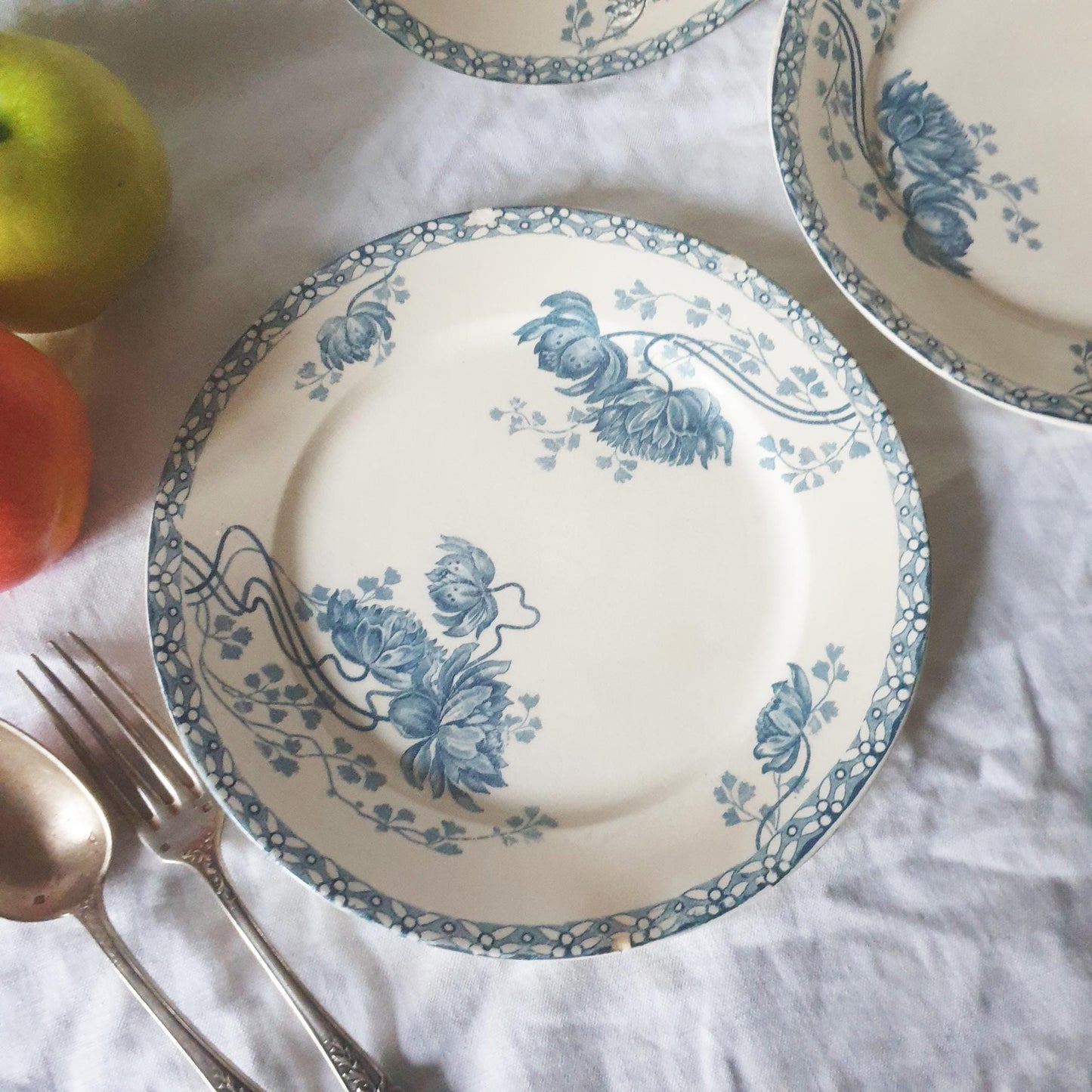 Set of 3 French antique Art Nouveau shabby side plates Columbine flowers, blue transferware earthenware 'Royat' Sarreguemines, France c1910