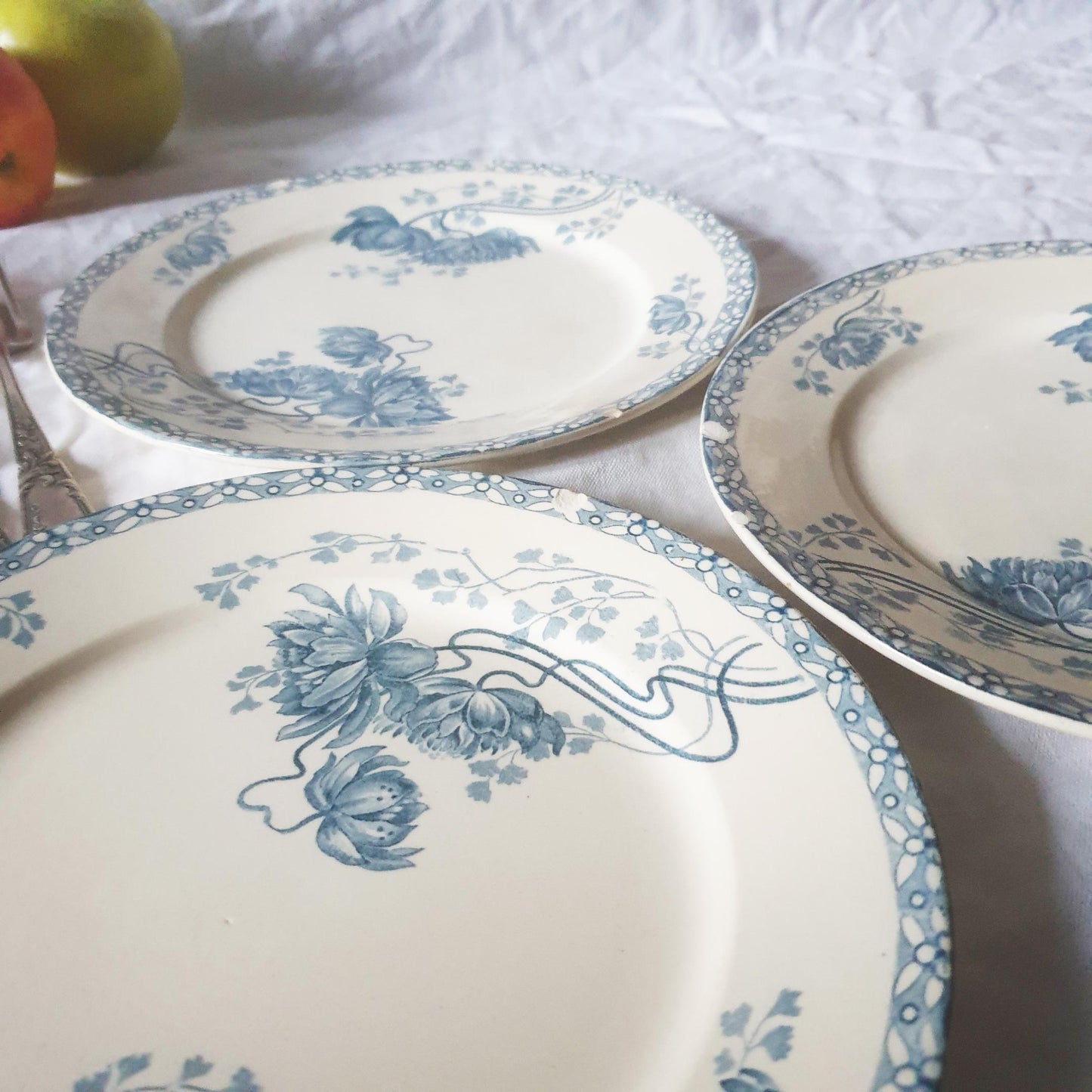 Set of 3 French antique Art Nouveau shabby side plates Columbine flowers, blue transferware earthenware 'Royat' Sarreguemines, France c1910