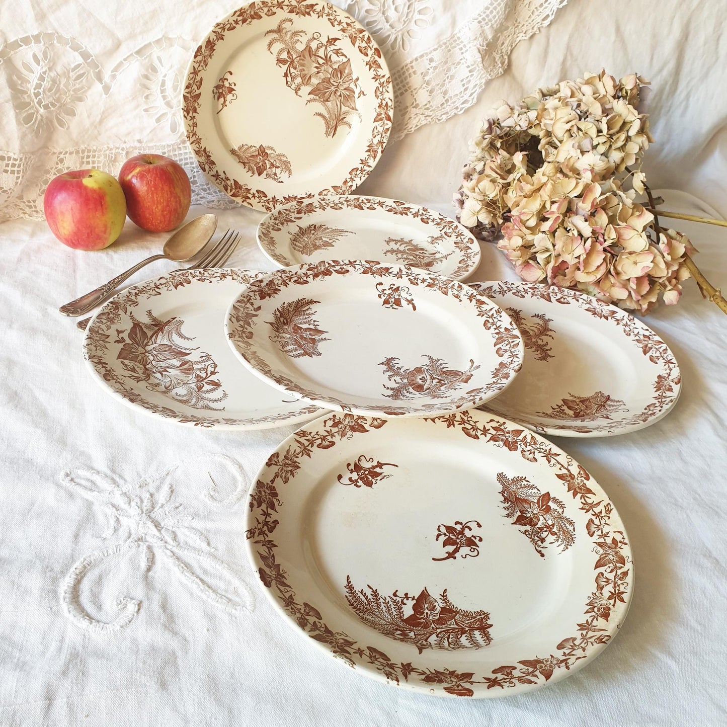 Set 6 French antique breakfast plates brown transferware c1880 aesthetic, Arts and Crafts, floral designs, 'Liseron' pattern Pexonne France