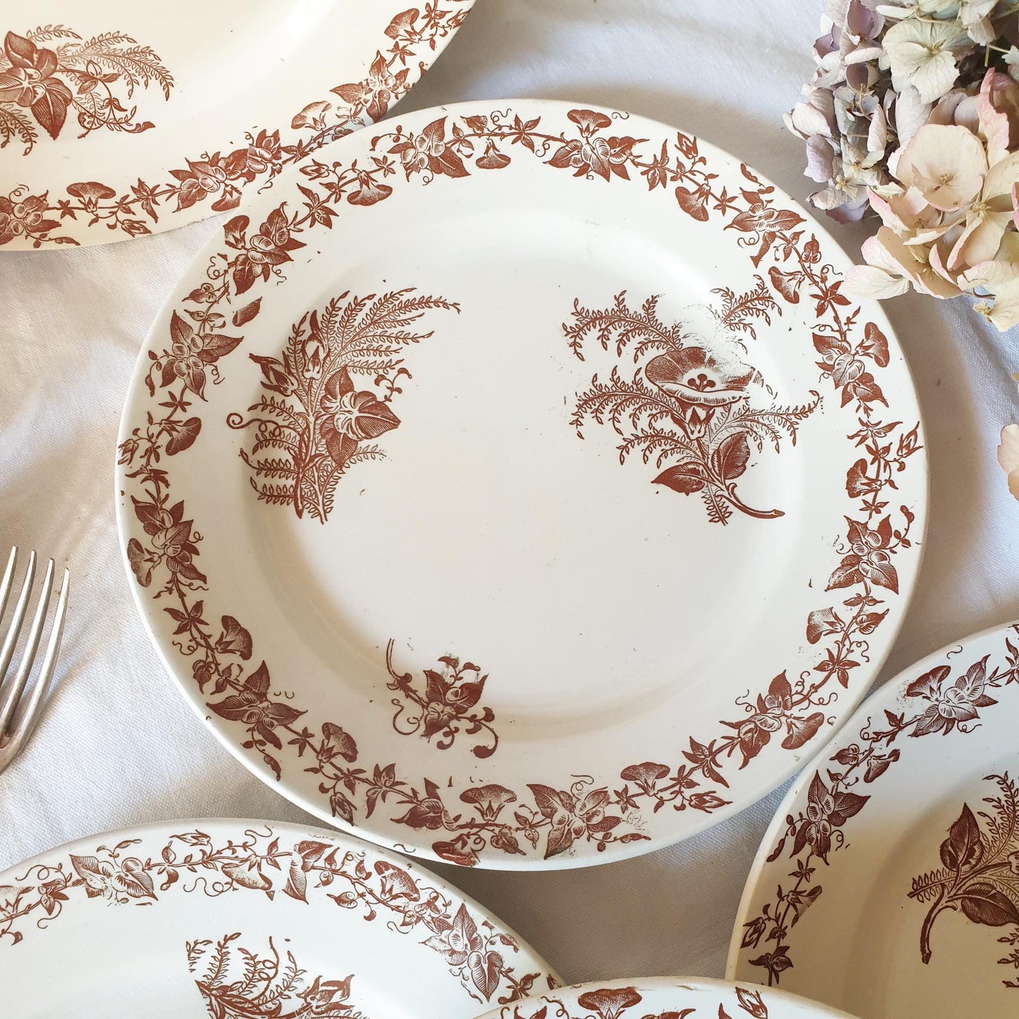 Set 6 French antique breakfast plates brown transferware c1880 aesthetic, Arts and Crafts, floral designs, 'Liseron' pattern Pexonne France