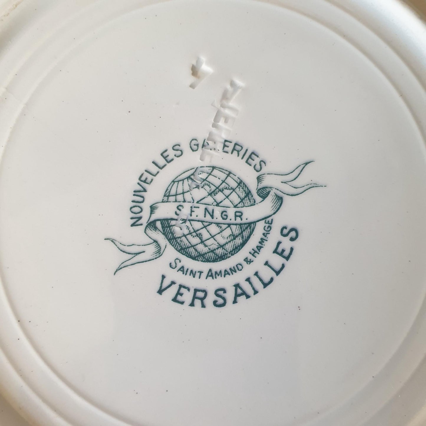 Set of 4 soup plates, French antique, excellent cond green transferware w floral border design 'Versailles' from St Amand, France c1908-1920